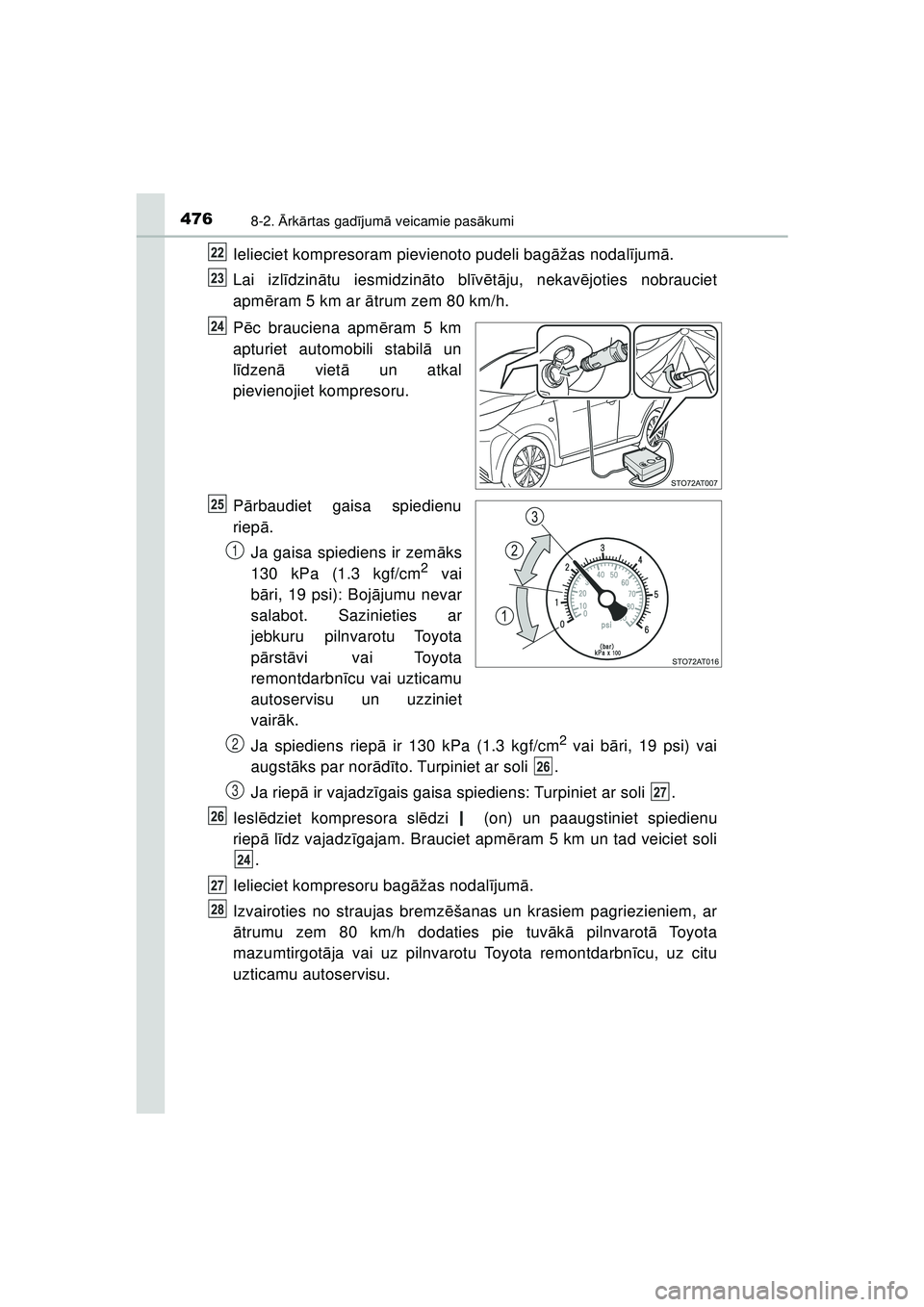 TOYOTA AYGO 2020  Lietošanas Instrukcija (in Latvian) 4768-2. Ārk ārtas gad ījum ā veicamie pas ākumi
AYGO_OM_Europe_OM9A01LV
Ielieciet kompresoram pievienoto pudeli bag āžas nodal ījum ā.
Lai izl īdzin ātu iesmidzin āto bl īv ē tā ju, nek