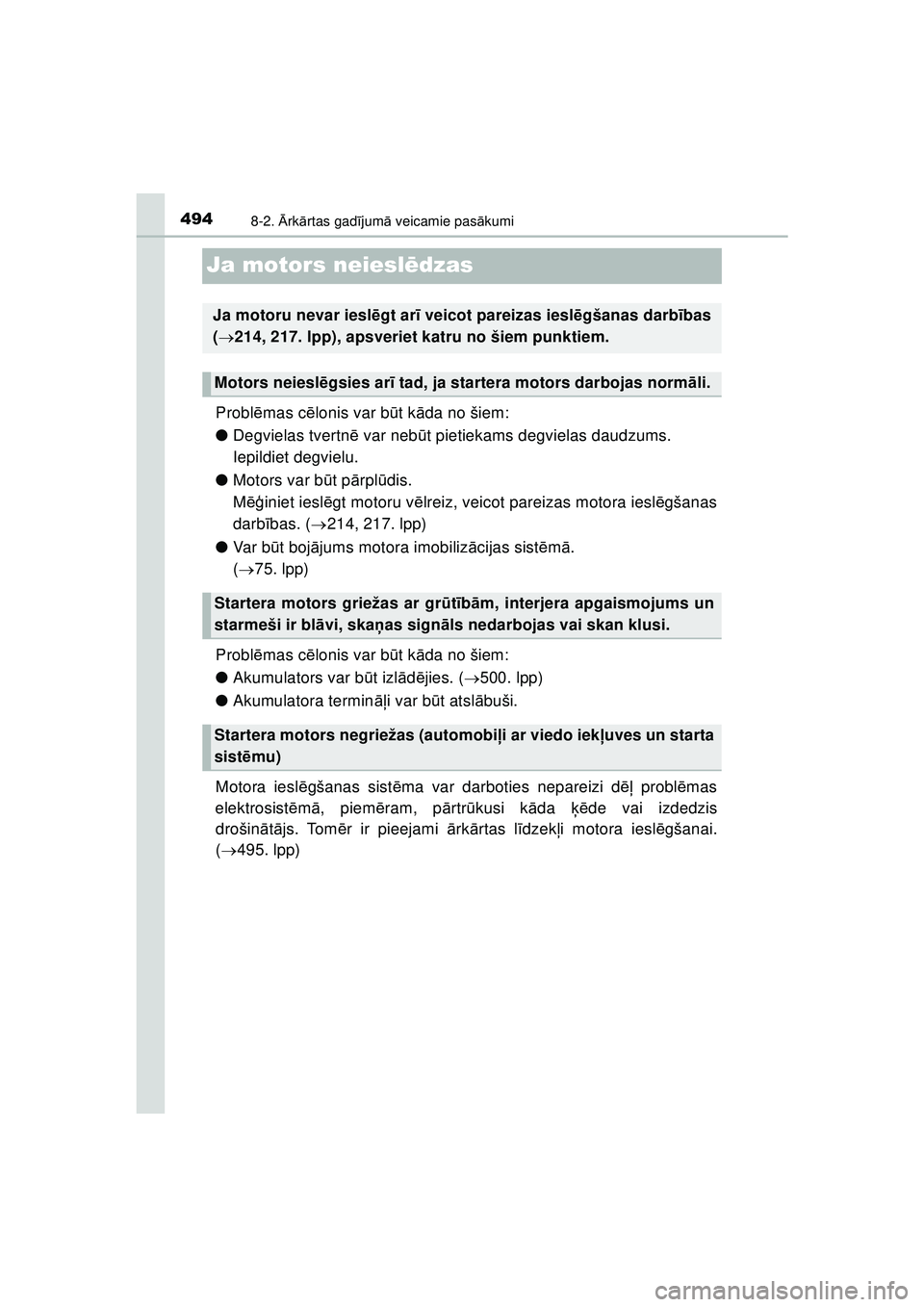 TOYOTA AYGO 2020 Lietošanas Instrukcija (in Latvian) 4948-2. Ārk ārtas gad ījum ā veicamie pas ākumi
AYGO_OM_Europe_OM9A01LV
Ja motors neiesl ēdzas
Probl ēmas c ēlonis var b ūt k āda no šiem:
● Degvielas tvertn ē var neb ūt pietiekams deg TOYOTA AYGO 2020 Lietošanas Instrukcija (in Latvian) 4948-2. Ārk ārtas gad ījum ā veicamie pas ākumi
AYGO_OM_Europe_OM9A01LV
Ja motors neiesl ēdzas
Probl ēmas c ēlonis var b ūt k āda no šiem:
● Degvielas tvertn ē var neb ūt pietiekams deg