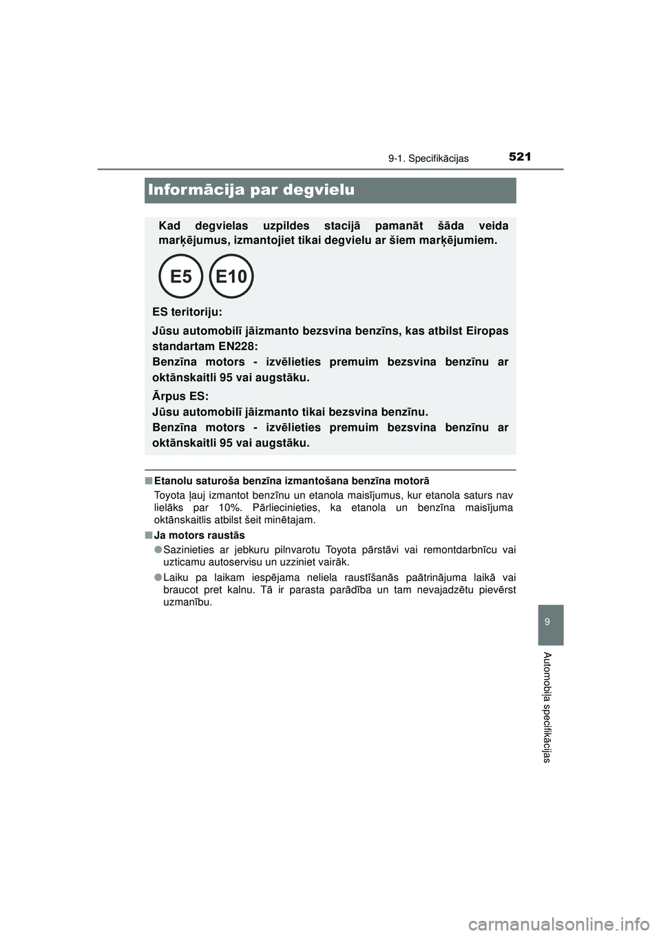 TOYOTA AYGO 2020  Lietošanas Instrukcija (in Latvian) 5219-1. Specifikācijas
9
Automobi ļa specifik ācijas
AYGO_OM_Europe_OM9A01LV
Infor m ācija par degvielu
■ Etanolu saturoša benz īna izmantošana benz īna motor ā
To y o t a   ļauj izmantot 