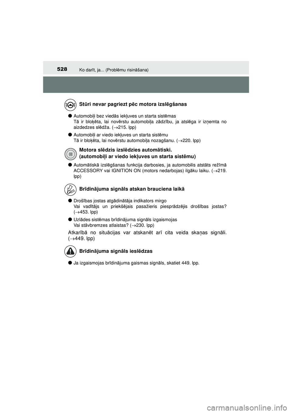 TOYOTA AYGO 2020  Lietošanas Instrukcija (in Latvian) 528Ko darīt, ja... (Probl ēmu risin āšana)
AYGO_OM_Europe_OM9A01LV
●Automobi ļi bez vied ās iekļ uves un starta sist ēmas 
T ā ir blo ķēta, lai nov ērstu automobi ļa z ādz ību, ja ats