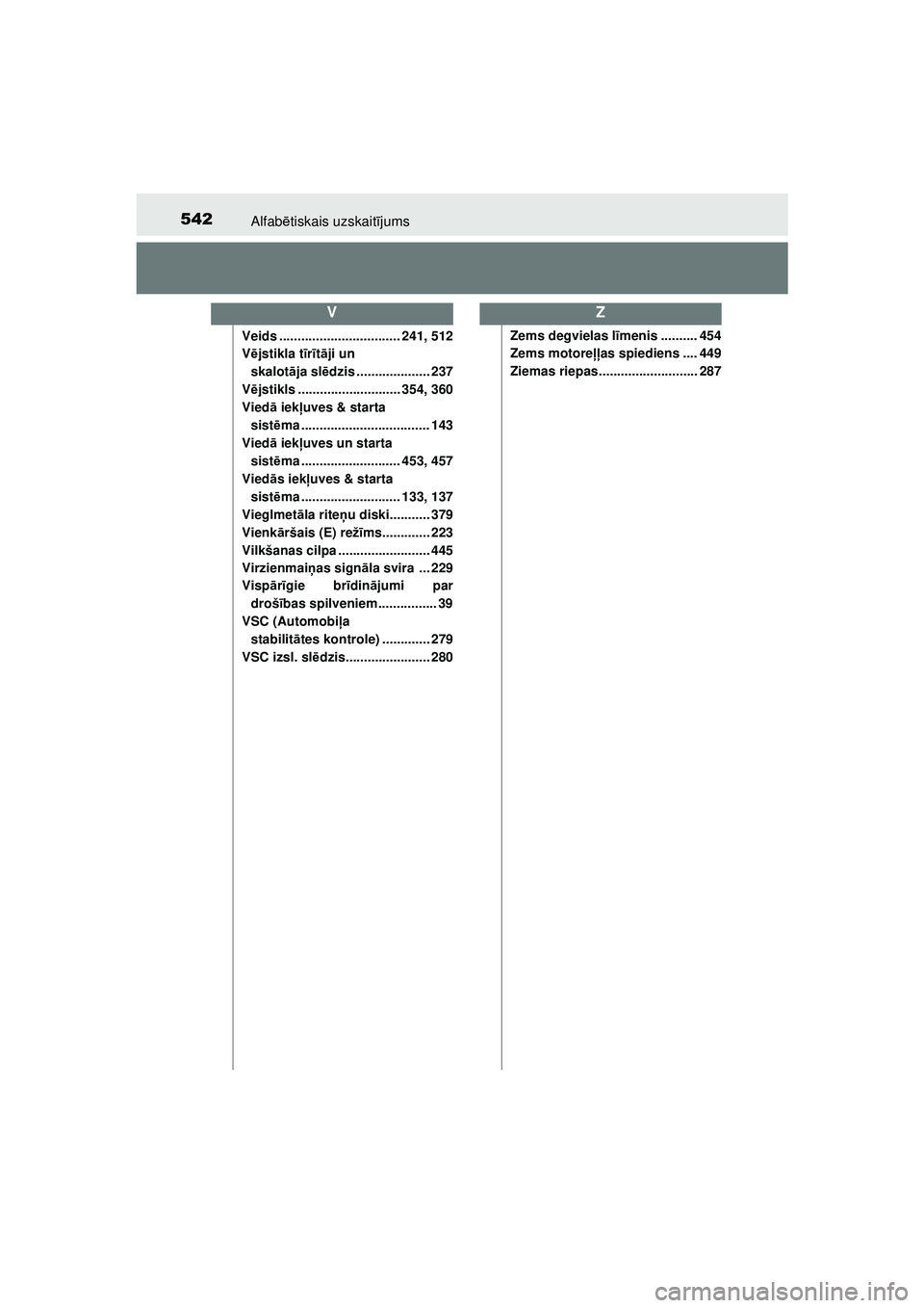TOYOTA AYGO 2020 Lietošanas Instrukcija (in Latvian) 542Alfabētiskais uzskait ījums
AYGO_OM_Europe_OM9A01LV
Veids ................................. 241, 512
V ējstikla t īr īt ā ji un
skalot āja slē dzis .................... 237
V ējstikls ... TOYOTA AYGO 2020 Lietošanas Instrukcija (in Latvian) 542Alfabētiskais uzskait ījums
AYGO_OM_Europe_OM9A01LV
Veids ................................. 241, 512
V ējstikla t īr īt ā ji un
skalot āja slē dzis .................... 237
V ējstikls ...