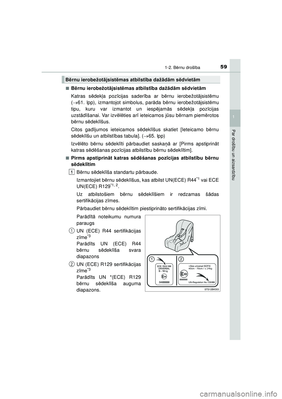 TOYOTA AYGO 2020  Lietošanas Instrukcija (in Latvian) 591-2. Bērnu droš ība
1
Par droš ību un aizsardz ību
AYGO_OM_Europe_OM9A01LV ■
B
ērnu ierobežot ājsist ēmas atbilst ība daž ād ām s ēdviet ām
Katras s ēdek ļa poz īcijas sader īb