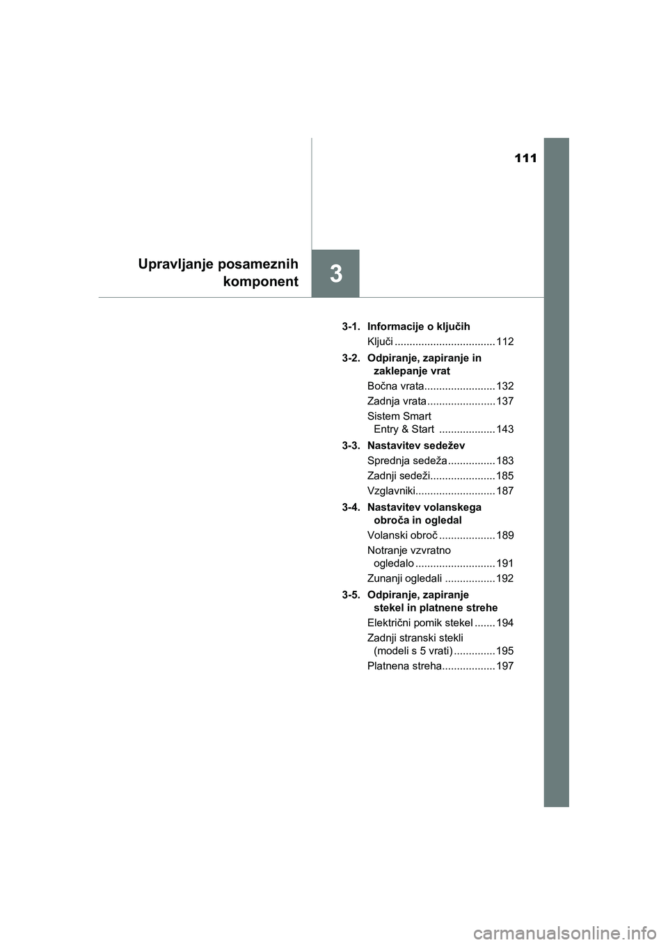 TOYOTA AYGO 2020  Navodila Za Uporabo (in Slovenian) 111
3
Upravljanje posameznih
komponent
AYGO_OM_Europe_OM9A012E3-1. Informacije o ključih
Ključi .................................. 112
3-2. Odpiranje, zapiranje in 
zaklepanje vrat 
Bočna vrata....