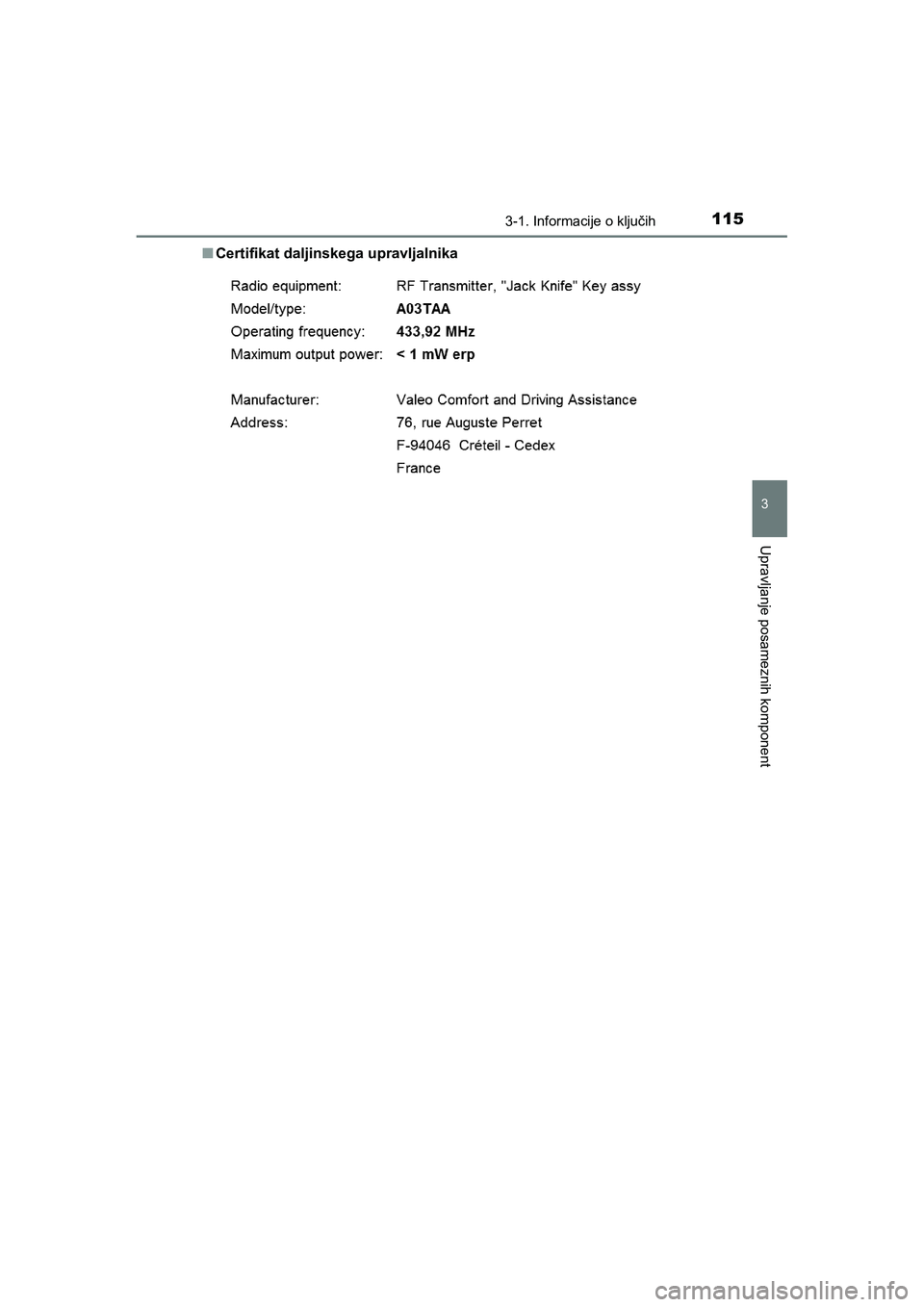 TOYOTA AYGO 2020  Navodila Za Uporabo (in Slovenian) 1153-1. Informacije o ključih
3
Upravljanje posameznih komponent
AYGO_OM_Europe_OM9A012EnCertifikat daljinskega upravljalnika
AYGO_OM_Europe_OM9A012E.backup.book  Page 115  Thursday, May 13, 2021  10