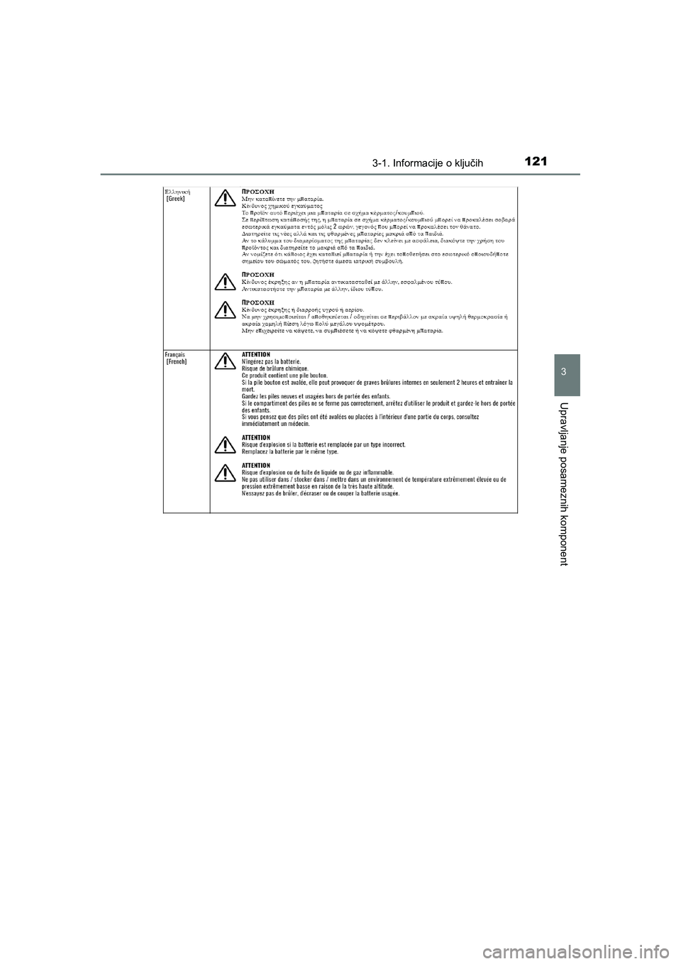 TOYOTA AYGO 2020  Navodila Za Uporabo (in Slovenian) 1213-1. Informacije o ključih
3
Upravljanje posameznih komponent
AYGO_OM_Europe_OM9A012E
AYGO_OM_Europe_OM9A012E.backup.book  Page 121  Thursday, May 13, 2021  10:02 PM 