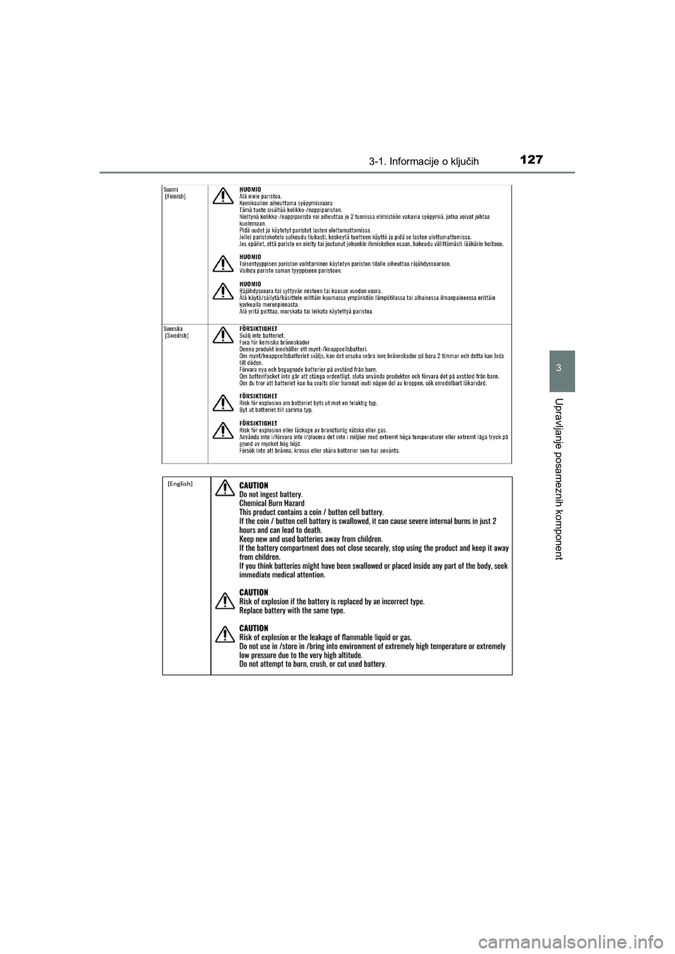 TOYOTA AYGO 2020  Navodila Za Uporabo (in Slovenian) 1273-1. Informacije o ključih
3
Upravljanje posameznih komponent
AYGO_OM_Europe_OM9A012E
AYGO_OM_Europe_OM9A012E.backup.book  Page 127  Thursday, May 13, 2021  10:02 PM 