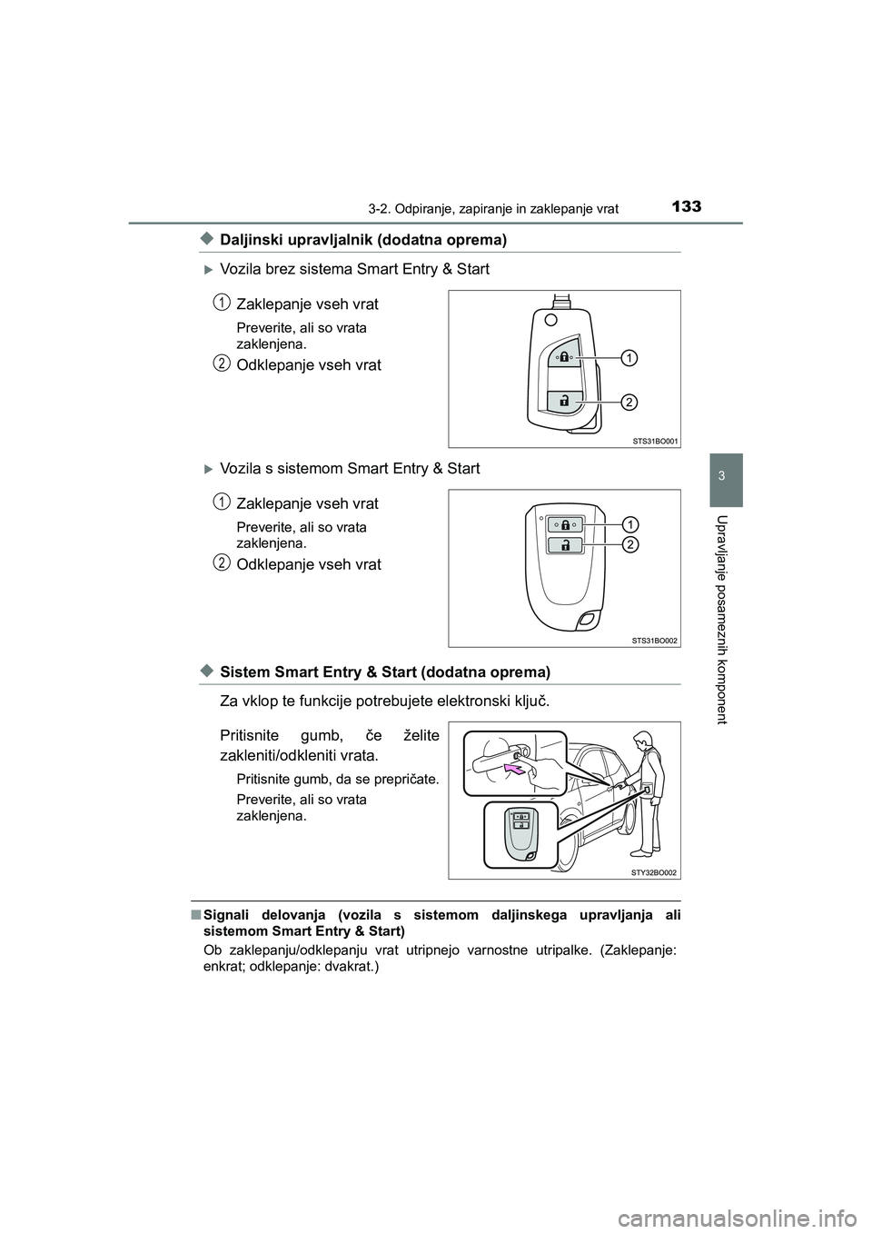 TOYOTA AYGO 2020 Navodila Za Uporabo (in Slovenian) 1333-2. Odpiranje, zapiranje in zaklepanje vrat
3
Upravljanje posameznih komponent
AYGO_OM_Europe_OM9A012E
uDaljinski upravljalnik (dodatna oprema)
Vozila brez sistema Smart Entry & Start
Zaklepanj TOYOTA AYGO 2020 Navodila Za Uporabo (in Slovenian) 1333-2. Odpiranje, zapiranje in zaklepanje vrat
3
Upravljanje posameznih komponent
AYGO_OM_Europe_OM9A012E
uDaljinski upravljalnik (dodatna oprema)
Vozila brez sistema Smart Entry & Start
Zaklepanj