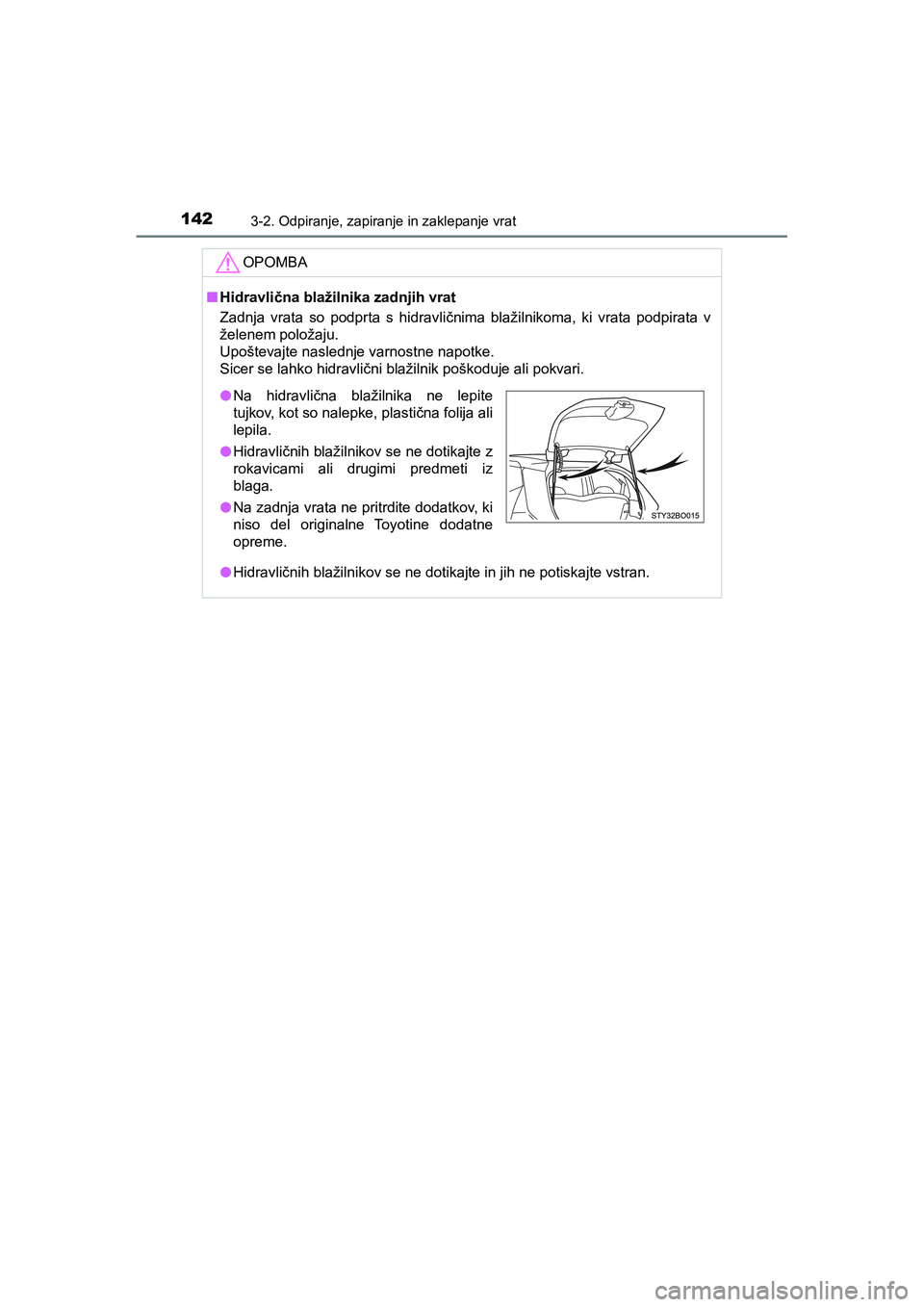 TOYOTA AYGO 2020 Navodila Za Uporabo (in Slovenian) 1423-2. Odpiranje, zapiranje in zaklepanje vrat
AYGO_OM_Europe_OM9A012E
OPOMBA
nHidravlična blažilnika zadnjih vrat
Zadnja vrata so podprta s hidravličnima blažilnikoma, ki vrata podpirata v
žele TOYOTA AYGO 2020 Navodila Za Uporabo (in Slovenian) 1423-2. Odpiranje, zapiranje in zaklepanje vrat
AYGO_OM_Europe_OM9A012E
OPOMBA
nHidravlična blažilnika zadnjih vrat
Zadnja vrata so podprta s hidravličnima blažilnikoma, ki vrata podpirata v
žele