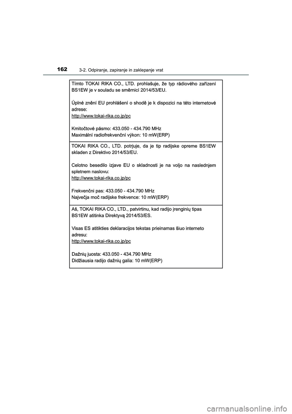 TOYOTA AYGO 2020  Navodila Za Uporabo (in Slovenian) 1623-2. Odpiranje, zapiranje in zaklepanje vrat
AYGO_OM_Europe_OM9A012E
AYGO_OM_Europe_OM9A012E.backup.book  Page 162  Thursday, May 13, 2021  10:02 PM 