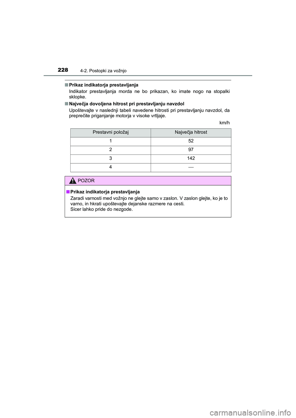 TOYOTA AYGO 2020 Navodila Za Uporabo (in Slovenian) 2284-2. Postopki za vožnjo
AYGO_OM_Europe_OM9A012E
nPrikaz indikatorja prestavljanja
Indikator prestavljanja morda ne bo prikazan, ko imate nogo na stopalki
sklopke.
nNajvečja dovoljena hitrost pri TOYOTA AYGO 2020 Navodila Za Uporabo (in Slovenian) 2284-2. Postopki za vožnjo
AYGO_OM_Europe_OM9A012E
nPrikaz indikatorja prestavljanja
Indikator prestavljanja morda ne bo prikazan, ko imate nogo na stopalki
sklopke.
nNajvečja dovoljena hitrost pri