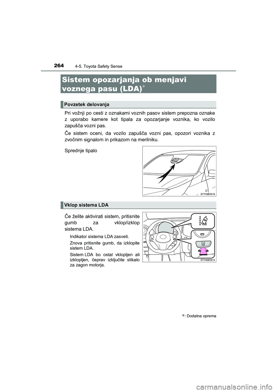 TOYOTA AYGO 2020 Navodila Za Uporabo (in Slovenian) 2644-5. Toyota Safety Sense
AYGO_OM_Europe_OM9A012E
Sistem opozarjanja ob menjavi
voznega pasu (LDA)
∗
Pri vožnji po cesti z oznakami voznih pasov sistem prepozna oznake
z uporabo kamere kot tipal TOYOTA AYGO 2020 Navodila Za Uporabo (in Slovenian) 2644-5. Toyota Safety Sense
AYGO_OM_Europe_OM9A012E
Sistem opozarjanja ob menjavi
voznega pasu (LDA)
∗
Pri vožnji po cesti z oznakami voznih pasov sistem prepozna oznake
z uporabo kamere kot tipal