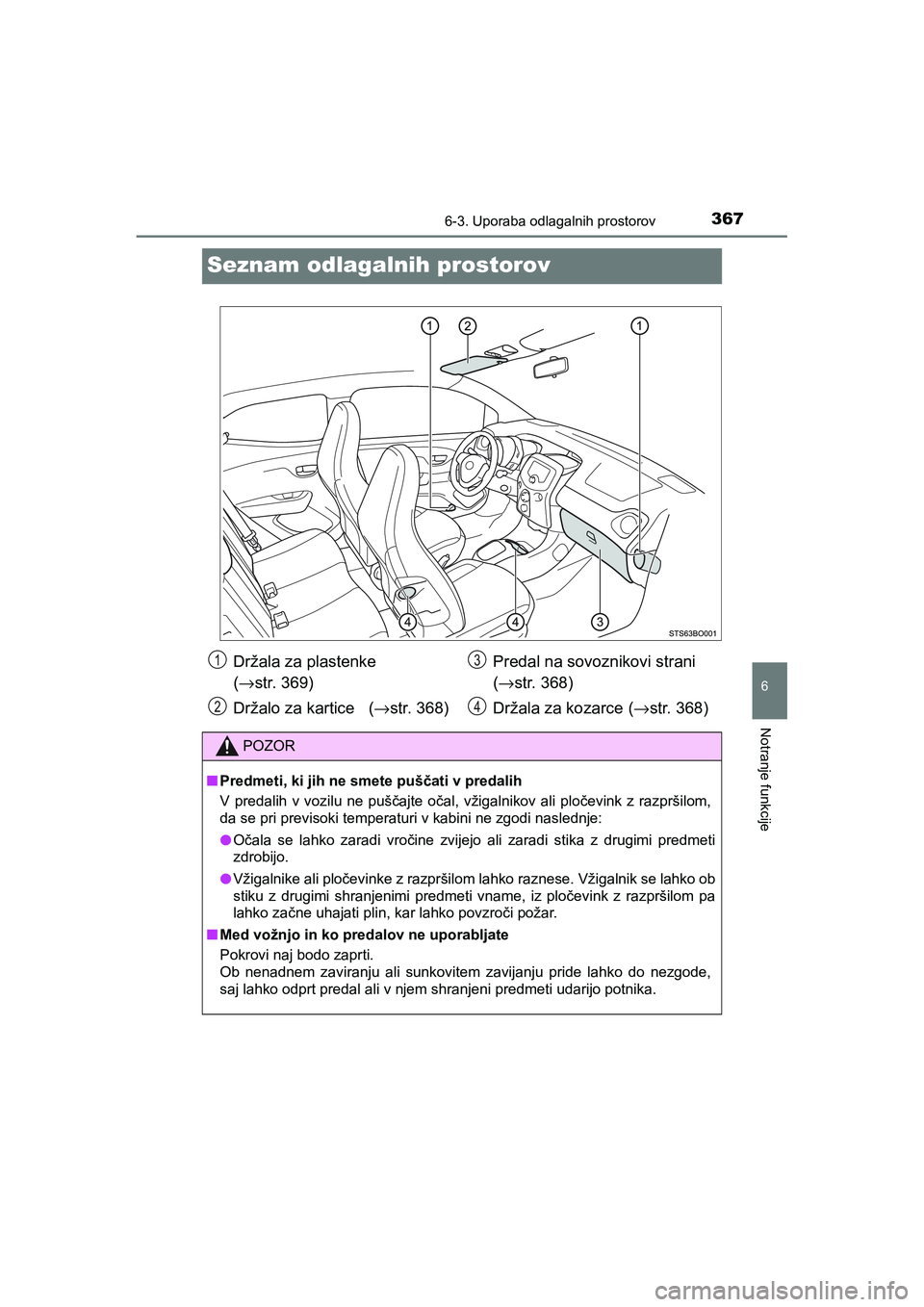 TOYOTA AYGO 2020 Navodila Za Uporabo (in Slovenian) 3676-3. Uporaba odlagalnih prostorov
6
Notranje funkcije
AYGO_OM_Europe_OM9A012E
Seznam odlagalnih prostorov
Držala za plastenke
(→str. 369)
Držalo za kartice (→str. 368)Predal na sovoznikovi TOYOTA AYGO 2020 Navodila Za Uporabo (in Slovenian) 3676-3. Uporaba odlagalnih prostorov
6
Notranje funkcije
AYGO_OM_Europe_OM9A012E
Seznam odlagalnih prostorov
Držala za plastenke
(→str. 369)
Držalo za kartice (→str. 368)Predal na sovoznikovi
