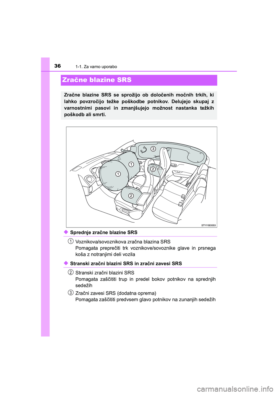 TOYOTA AYGO 2020  Navodila Za Uporabo (in Slovenian) 361-1. Za varno uporabo
AYGO_OM_Europe_OM9A012E
Zračne blazine SRS
uSprednje zračne blazine SRS
Voznikova/sovoznikova zračna blazina SRS
Pomagata preprečiti trk voznikove/sovoznike glave in prsneg