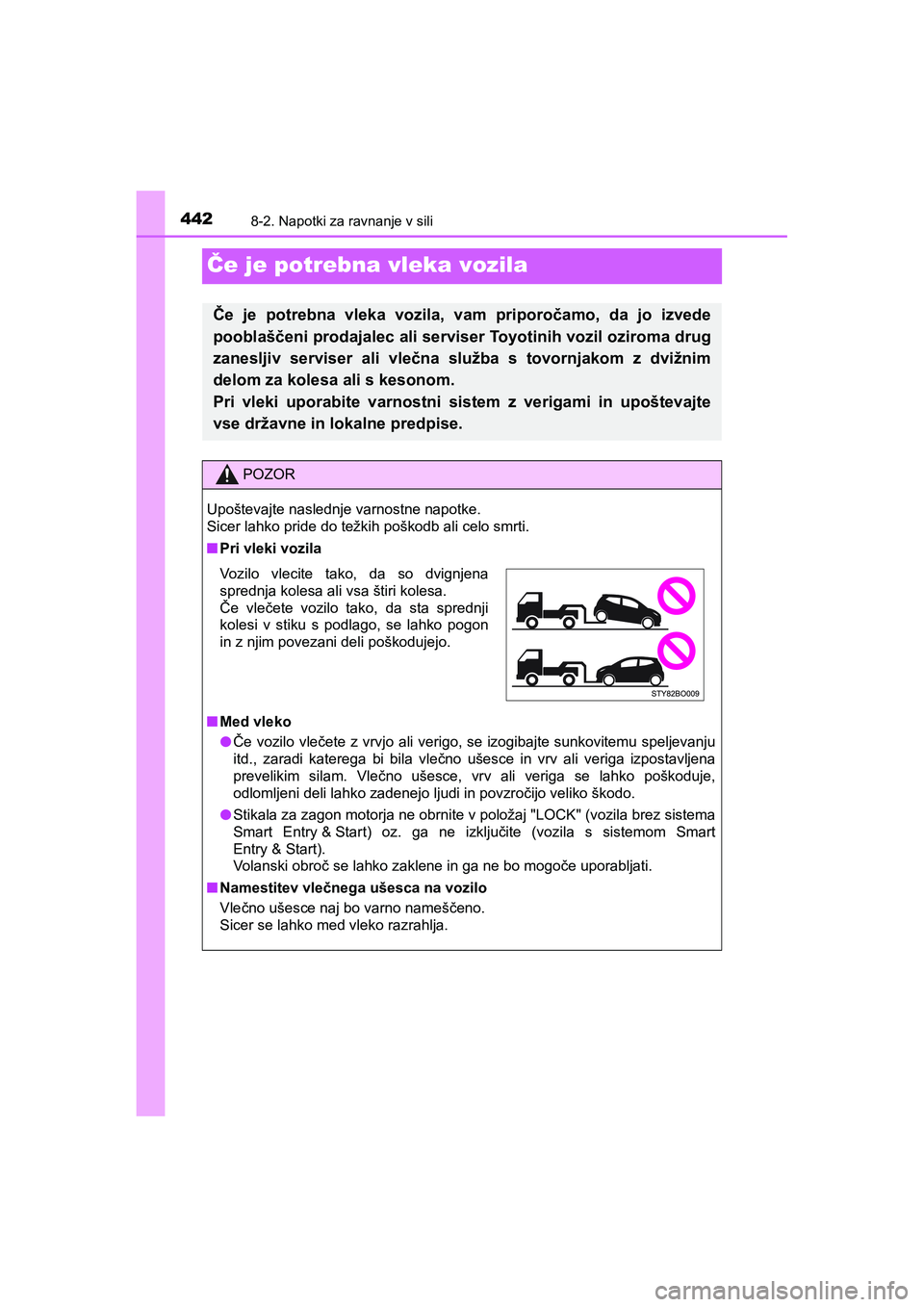 TOYOTA AYGO 2020 Navodila Za Uporabo (in Slovenian) 4428-2. Napotki za ravnanje v sili
AYGO_OM_Europe_OM9A012E
Če je potrebna vleka vozila
Če je potrebna vleka vozila, vam priporočamo, da jo izvede
pooblaščeni prodajalec ali serviser Toyotinih voz TOYOTA AYGO 2020 Navodila Za Uporabo (in Slovenian) 4428-2. Napotki za ravnanje v sili
AYGO_OM_Europe_OM9A012E
Če je potrebna vleka vozila
Če je potrebna vleka vozila, vam priporočamo, da jo izvede
pooblaščeni prodajalec ali serviser Toyotinih voz