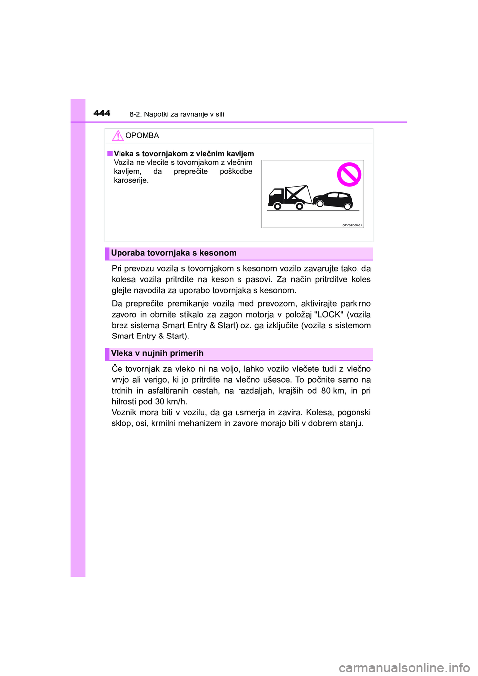 TOYOTA AYGO 2020 Navodila Za Uporabo (in Slovenian) 4448-2. Napotki za ravnanje v sili
AYGO_OM_Europe_OM9A012E
Pri prevozu vozila s tovornjakom s kesonom vozilo zavarujte tako, da
kolesa vozila pritrdite na keson s pasovi. Za način pritrditve koles
gl TOYOTA AYGO 2020 Navodila Za Uporabo (in Slovenian) 4448-2. Napotki za ravnanje v sili
AYGO_OM_Europe_OM9A012E
Pri prevozu vozila s tovornjakom s kesonom vozilo zavarujte tako, da
kolesa vozila pritrdite na keson s pasovi. Za način pritrditve koles
gl