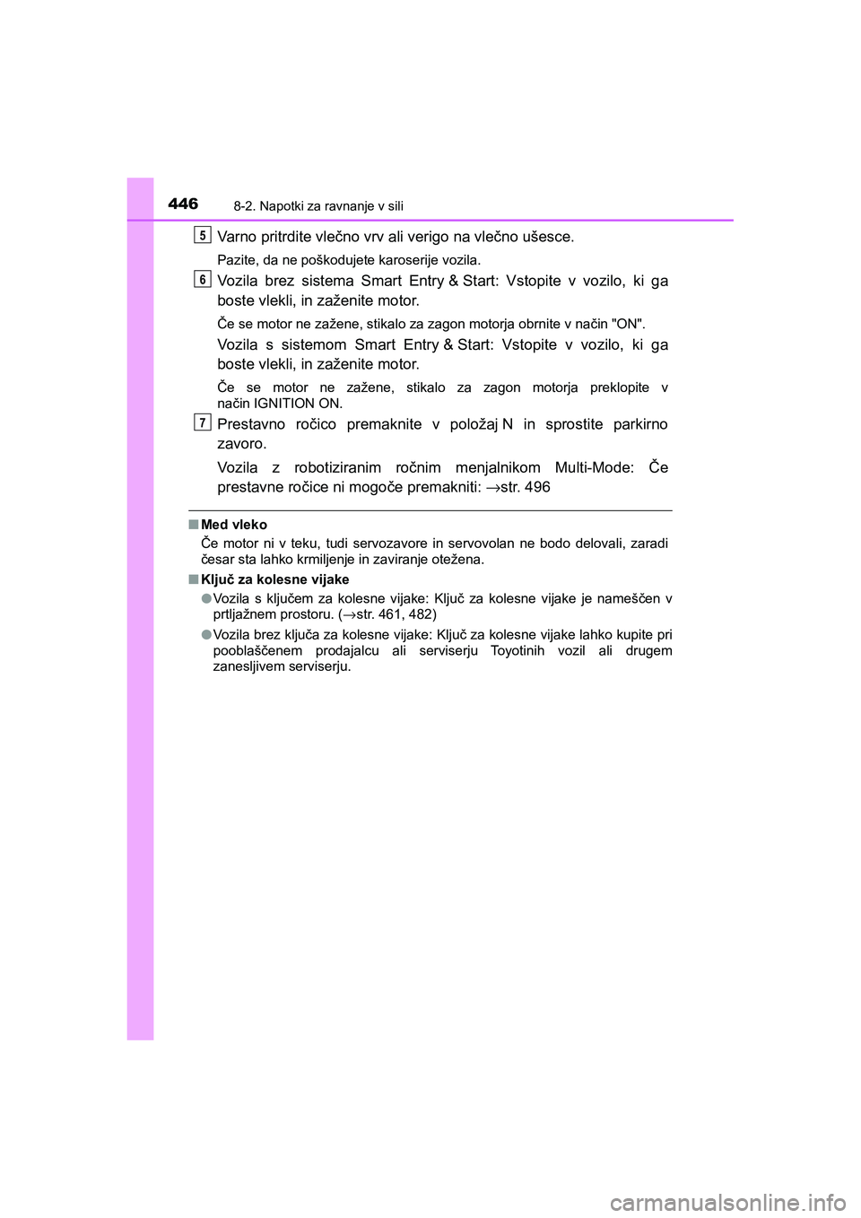 TOYOTA AYGO 2020 Navodila Za Uporabo (in Slovenian) 4468-2. Napotki za ravnanje v sili
AYGO_OM_Europe_OM9A012E
Varno pritrdite vlečno vrv ali verigo na vlečno ušesce.
Pazite, da ne poškodujete karoserije vozila.
Vozila brez sistema Smart Entry &Sta TOYOTA AYGO 2020 Navodila Za Uporabo (in Slovenian) 4468-2. Napotki za ravnanje v sili
AYGO_OM_Europe_OM9A012E
Varno pritrdite vlečno vrv ali verigo na vlečno ušesce.
Pazite, da ne poškodujete karoserije vozila.
Vozila brez sistema Smart Entry &Sta