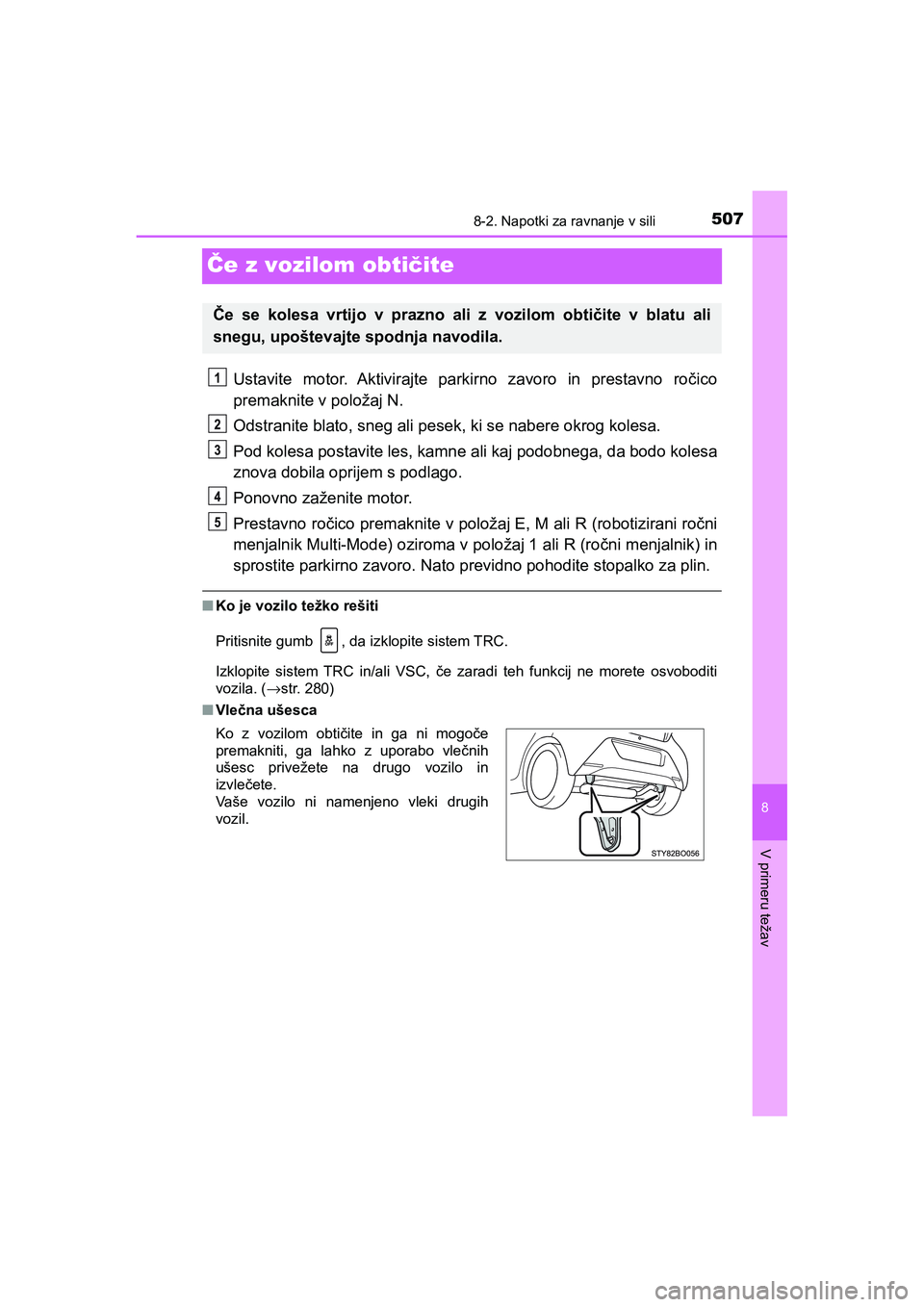TOYOTA AYGO 2020 Navodila Za Uporabo (in Slovenian) 5078-2. Napotki za ravnanje v sili
8
V primeru težav
AYGO_OM_Europe_OM9A012E
Če z vozilom obtičite
Ustavite motor. Aktivirajte parkirno zavoro in prestavno ročico
premaknite v položaj N.
Odstrani TOYOTA AYGO 2020 Navodila Za Uporabo (in Slovenian) 5078-2. Napotki za ravnanje v sili
8
V primeru težav
AYGO_OM_Europe_OM9A012E
Če z vozilom obtičite
Ustavite motor. Aktivirajte parkirno zavoro in prestavno ročico
premaknite v položaj N.
Odstrani