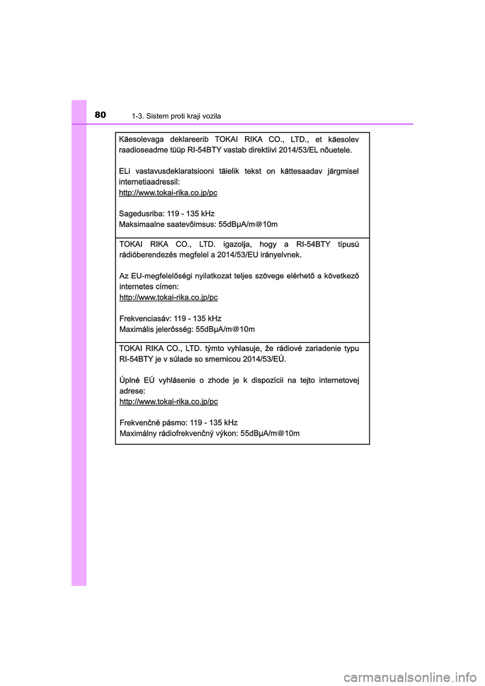 TOYOTA AYGO 2020  Navodila Za Uporabo (in Slovenian) 801-3. Sistem proti kraji vozila
AYGO_OM_Europe_OM9A012E
AYGO_OM_Europe_OM9A012E.backup.book  Page 80  Thursday, May 13, 2021  10:02 PM 