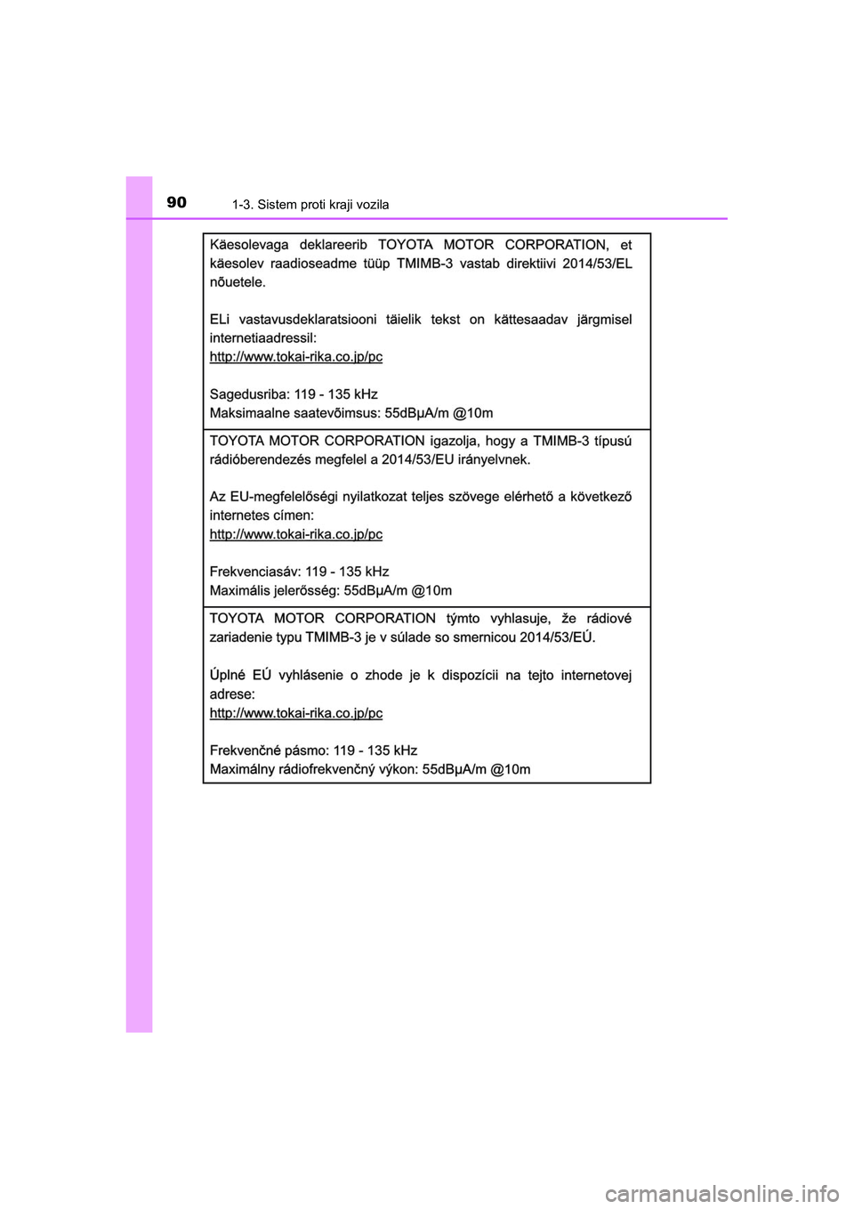 TOYOTA AYGO 2020  Navodila Za Uporabo (in Slovenian) 901-3. Sistem proti kraji vozila
AYGO_OM_Europe_OM9A012E
AYGO_OM_Europe_OM9A012E.backup.book  Page 90  Thursday, May 13, 2021  10:02 PM 