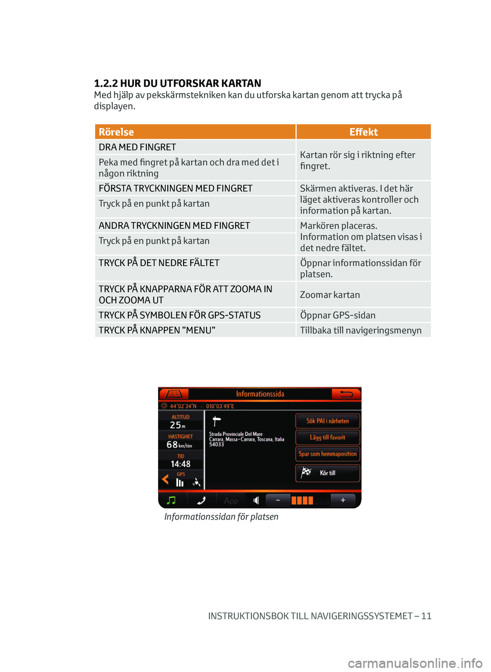 TOYOTA AYGO 2020  Bruksanvisningar (in Swedish) INSTRUKTIONSBOK TILL NAVIGERINGSSYSTEMET – 11
1.2.2 HUR DU UTFORSKAR KARTAN
Med hjälp av pekskärmstekniken kan du utforska kartan genom att trycka på 
displayen.
RörelseEffekt
DRA MED FINGRET
Ka