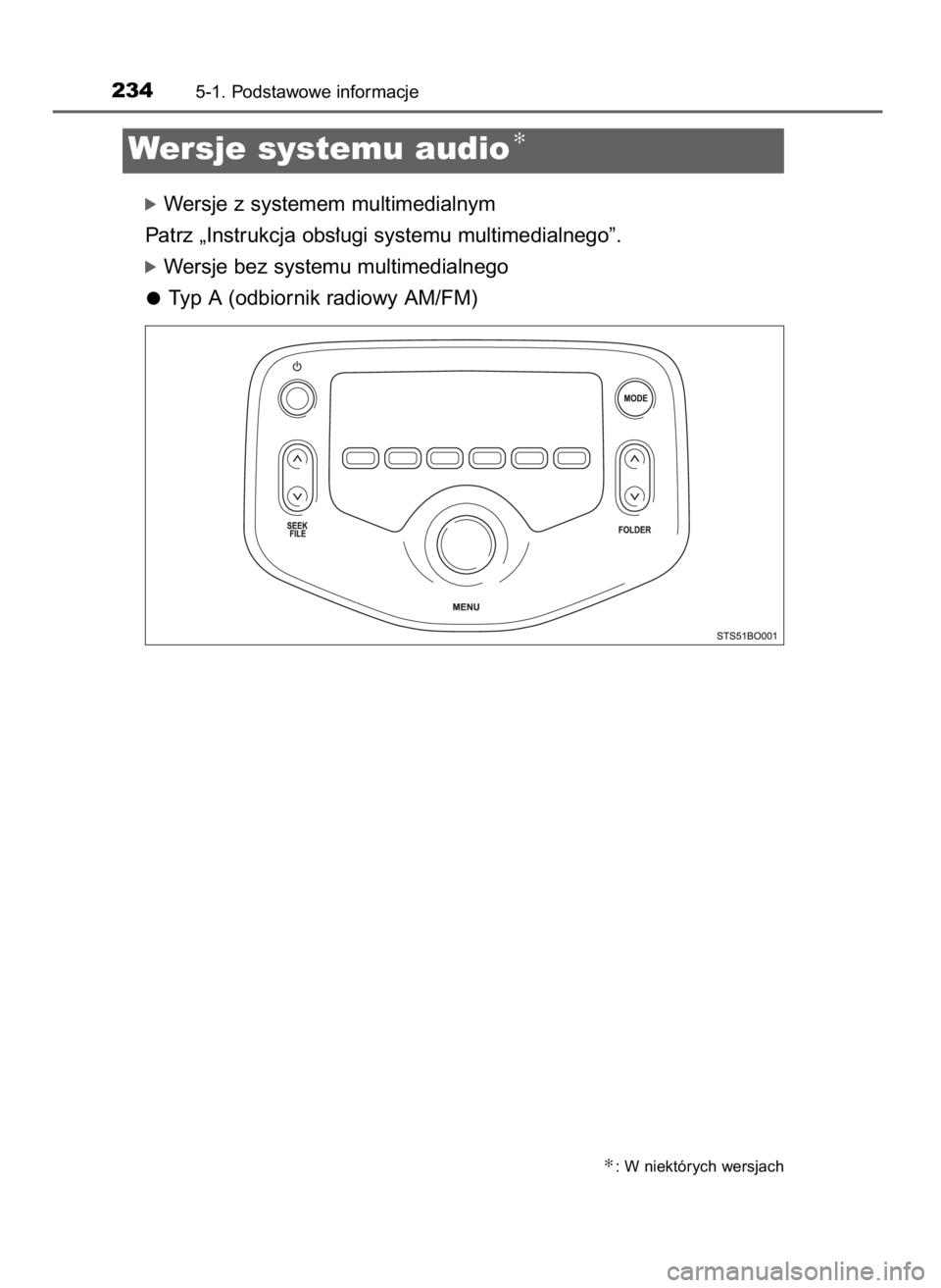 TOYOTA AYGO 2017  Instrukcja obsługi (in Polish) óWersje z systemem multimedialnym
Patrz „Instrukcja obs∏ugi systemu multimedialnego”.
óWersje bez systemu multimedialnego
Typ A (odbiornik radiowy AM/FM)
2345-1. Podstawowe informacje
Wersje s