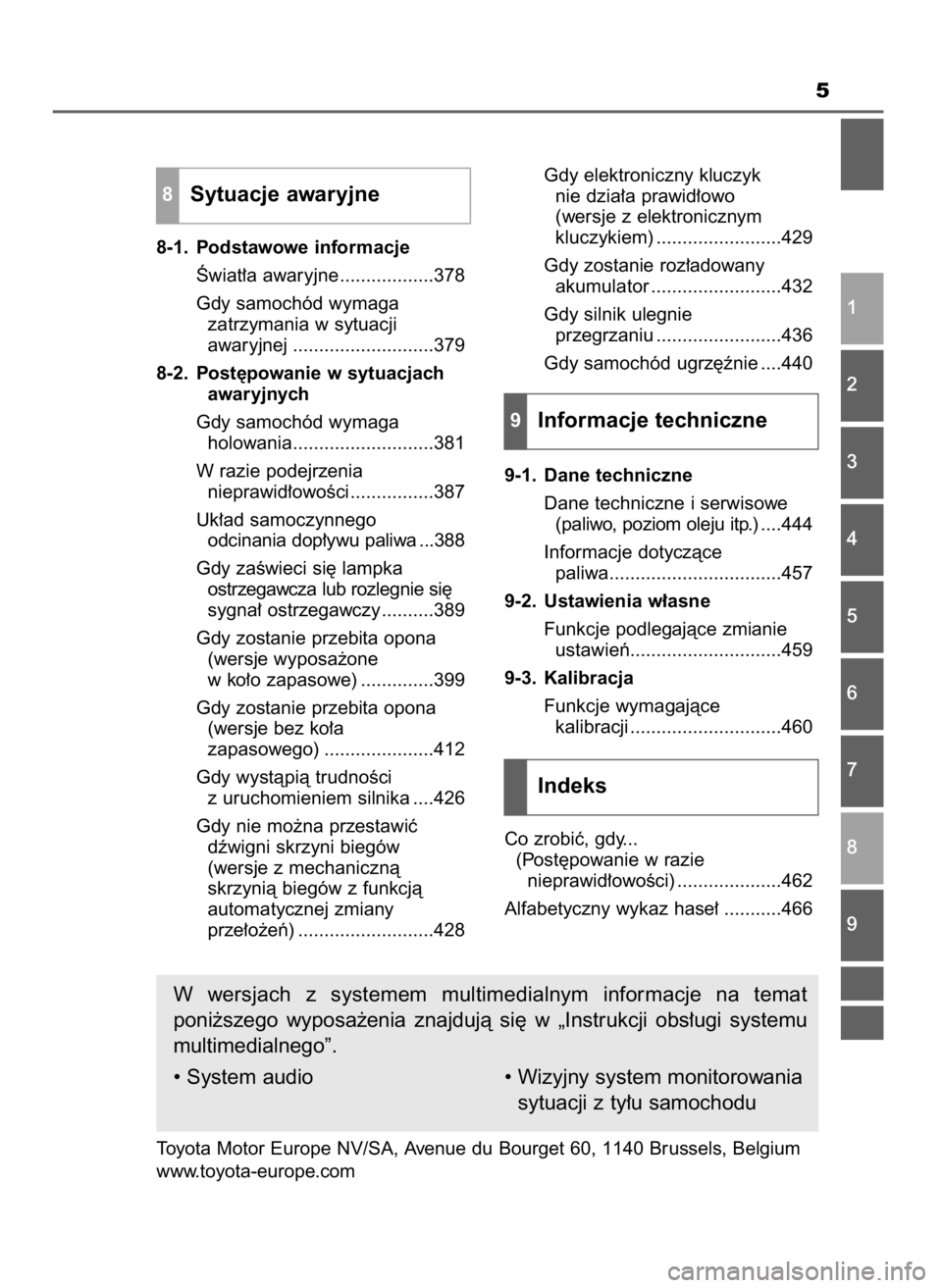TOYOTA AYGO 2017 Instrukcja obsługi (in Polish) 5
8-1. Podstawowe informacje
Âwiat∏a awaryjne ..................378
Gdy samochód wymaga
zatrzymania w sytuacji
awaryjnej ...........................379
8-2. Post´powanie w sytuacjach
awaryjnych
G TOYOTA AYGO 2017 Instrukcja obsługi (in Polish) 5
8-1. Podstawowe informacje
Âwiat∏a awaryjne ..................378
Gdy samochód wymaga
zatrzymania w sytuacji
awaryjnej ...........................379
8-2. Post´powanie w sytuacjach
awaryjnych
G
