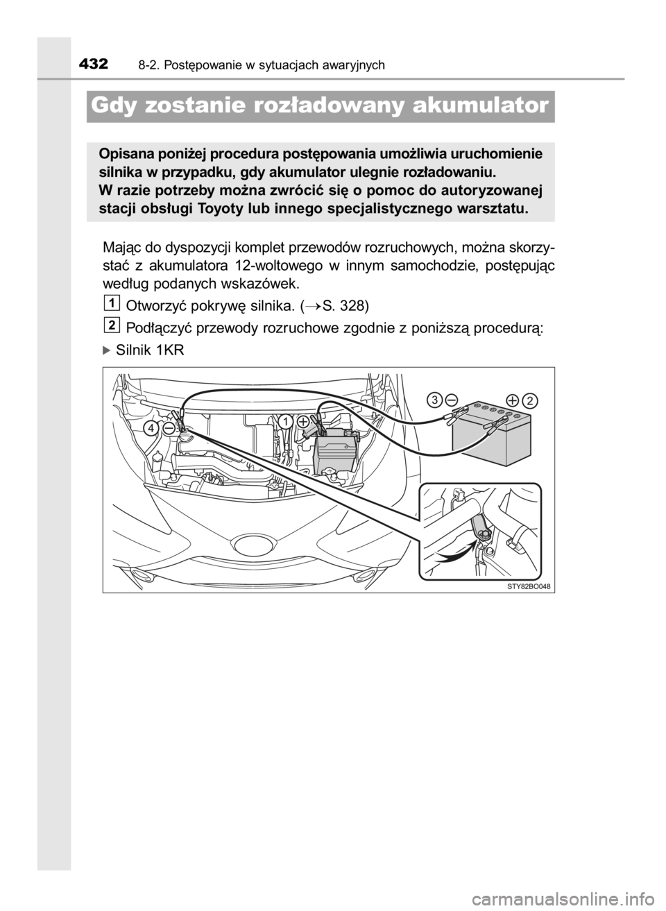 TOYOTA AYGO 2017  Instrukcja obsługi (in Polish) Majàc do dyspozycji komplet przewodów rozruchowych, mo˝na skorzy-
staç  z akumulatora  12-woltowego  w innym  samochodzie,  post´pujàc
wed∏ug podanych wskazówek.
Otworzyç pokryw´ silnika. (