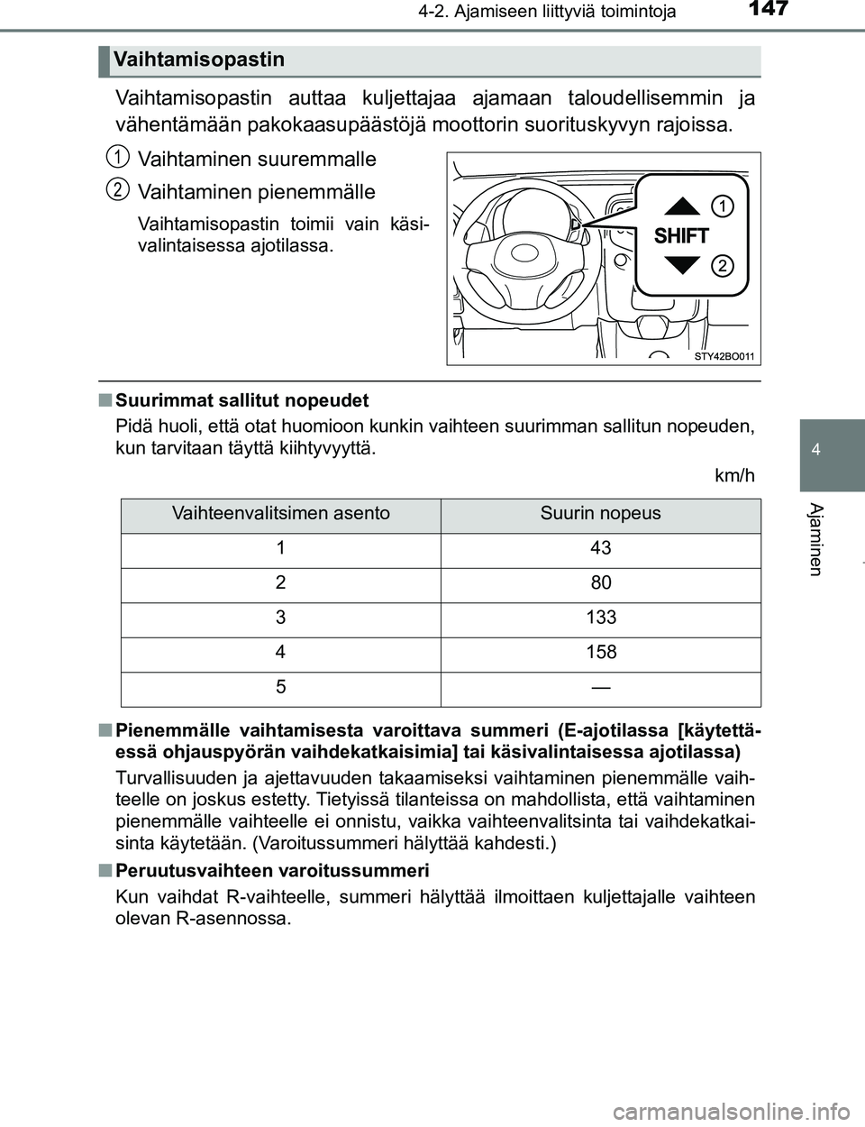 TOYOTA AYGO 2017 Omistajan Käsikirja (in Finnish) 1474-2. Ajamiseen liittyviä toimintoja
4
Ajaminen
OM99Q24FI
Vaihtamisopastin auttaa kuljettajaa ajamaan taloudellisemmin ja
vähentämään pakokaasupäästöjä mo ottorin suorituskyvyn rajoissa.
Va TOYOTA AYGO 2017 Omistajan Käsikirja (in Finnish) 1474-2. Ajamiseen liittyviä toimintoja
4
Ajaminen
OM99Q24FI
Vaihtamisopastin auttaa kuljettajaa ajamaan taloudellisemmin ja
vähentämään pakokaasupäästöjä mo ottorin suorituskyvyn rajoissa.
Va