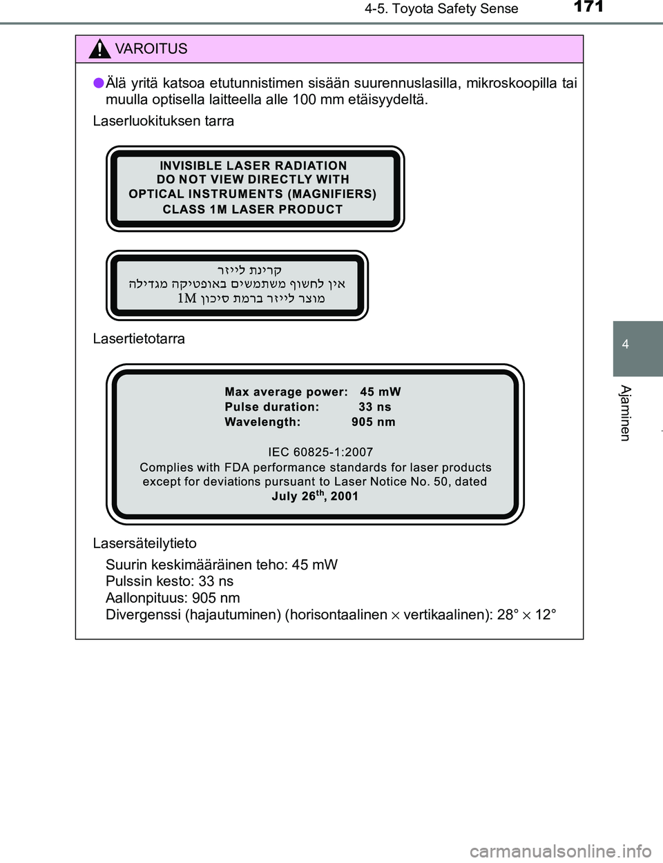 TOYOTA AYGO 2017 Omistajan Käsikirja (in Finnish) 1714-5. Toyota Safety Sense
4
Ajaminen
OM99Q24FI
VAROITUS
lÄlä yritä katsoa etutunnistimen sisään suurennuslasilla, \
mikroskoopilla tai
muulla optisella laitteella alle 100 mm etäisyydeltä.
La TOYOTA AYGO 2017 Omistajan Käsikirja (in Finnish) 1714-5. Toyota Safety Sense
4
Ajaminen
OM99Q24FI
VAROITUS
lÄlä yritä katsoa etutunnistimen sisään suurennuslasilla, \
mikroskoopilla tai
muulla optisella laitteella alle 100 mm etäisyydeltä.
La
