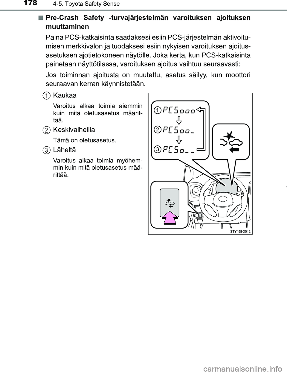 TOYOTA AYGO 2017 Omistajan Käsikirja (in Finnish) 1784-5. Toyota Safety Sense
OM99Q24FIn
Pre-Crash Safety -turvajärjestelmän varoituksen ajoituksen
muuttaminen
Paina PCS-katkaisinta saadaksesi
esiin PCS-järjestelmän aktivoitu-
misen merkkivalon TOYOTA AYGO 2017 Omistajan Käsikirja (in Finnish) 1784-5. Toyota Safety Sense
OM99Q24FIn
Pre-Crash Safety -turvajärjestelmän varoituksen ajoituksen
muuttaminen
Paina PCS-katkaisinta saadaksesi
esiin PCS-järjestelmän aktivoitu-
misen merkkivalon