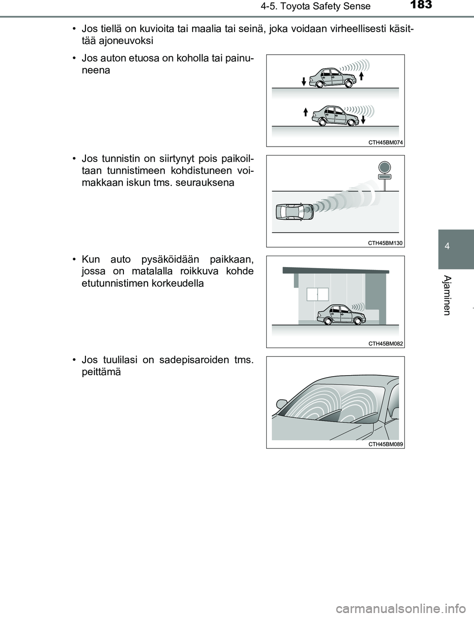 TOYOTA AYGO 2017  Omistajan Käsikirja (in Finnish) 1834-5. Toyota Safety Sense
4
Ajaminen
OM99Q24FI• Jos tiellä on kuvioita tai maalia tai seinä, joka voidaan virheellisesti käsit-
tää ajoneuvoksi
• Jos auton etuosa on koholla tai painu- neen