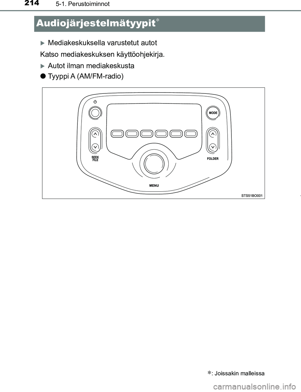 TOYOTA AYGO 2017 Omistajan Käsikirja (in Finnish) 2145-1. Perustoiminnot
OM99Q24FI
Audiojärjestelmätyypit∗
Mediakeskuksella varustetut autot
Katso mediakeskuksen käyttöohjekirja.
Autot ilman mediakeskusta
l Tyyppi A (AM/FM-radio)
∗: Jo TOYOTA AYGO 2017 Omistajan Käsikirja (in Finnish) 2145-1. Perustoiminnot
OM99Q24FI
Audiojärjestelmätyypit∗
Mediakeskuksella varustetut autot
Katso mediakeskuksen käyttöohjekirja.
Autot ilman mediakeskusta
l Tyyppi A (AM/FM-radio)
∗: Jo