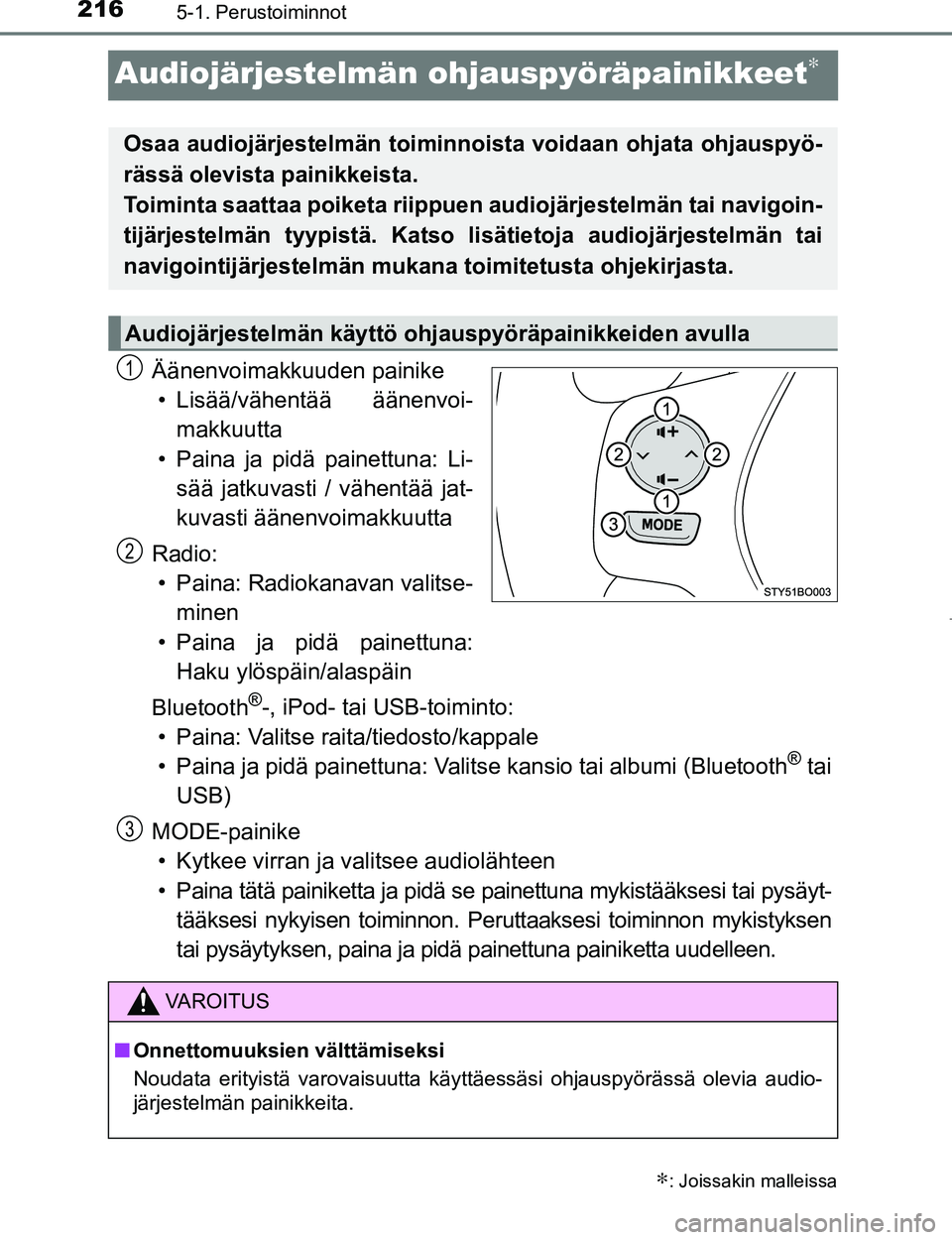 TOYOTA AYGO 2017 Omistajan Käsikirja (in Finnish) 2165-1. Perustoiminnot
OM99Q24FI
Audiojärjestelmän ohjauspyöräpainikkeet∗
Äänenvoimakkuuden painike
• Lisää/vähentää äänenvoi- makkuutta
• Paina ja pidä painettuna: Li- sää jatku TOYOTA AYGO 2017 Omistajan Käsikirja (in Finnish) 2165-1. Perustoiminnot
OM99Q24FI
Audiojärjestelmän ohjauspyöräpainikkeet∗
Äänenvoimakkuuden painike
• Lisää/vähentää äänenvoi- makkuutta
• Paina ja pidä painettuna: Li- sää jatku