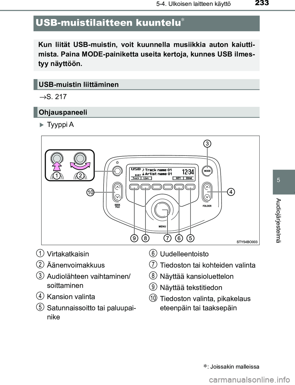 TOYOTA AYGO 2017 Omistajan Käsikirja (in Finnish) 233
5
5-4. Ulkoisen laitteen käyttö
Audiojärjestelmä
OM99Q24FI
USB-muistilaitteen kuuntelu∗
→S. 217
Ty y p p i A
∗: Joissakin malleissa
Kun liität USB-muistin, voit kuunnella musiikkia TOYOTA AYGO 2017 Omistajan Käsikirja (in Finnish) 233
5
5-4. Ulkoisen laitteen käyttö
Audiojärjestelmä
OM99Q24FI
USB-muistilaitteen kuuntelu∗
→S. 217
Ty y p p i A
∗: Joissakin malleissa
Kun liität USB-muistin, voit kuunnella musiikkia