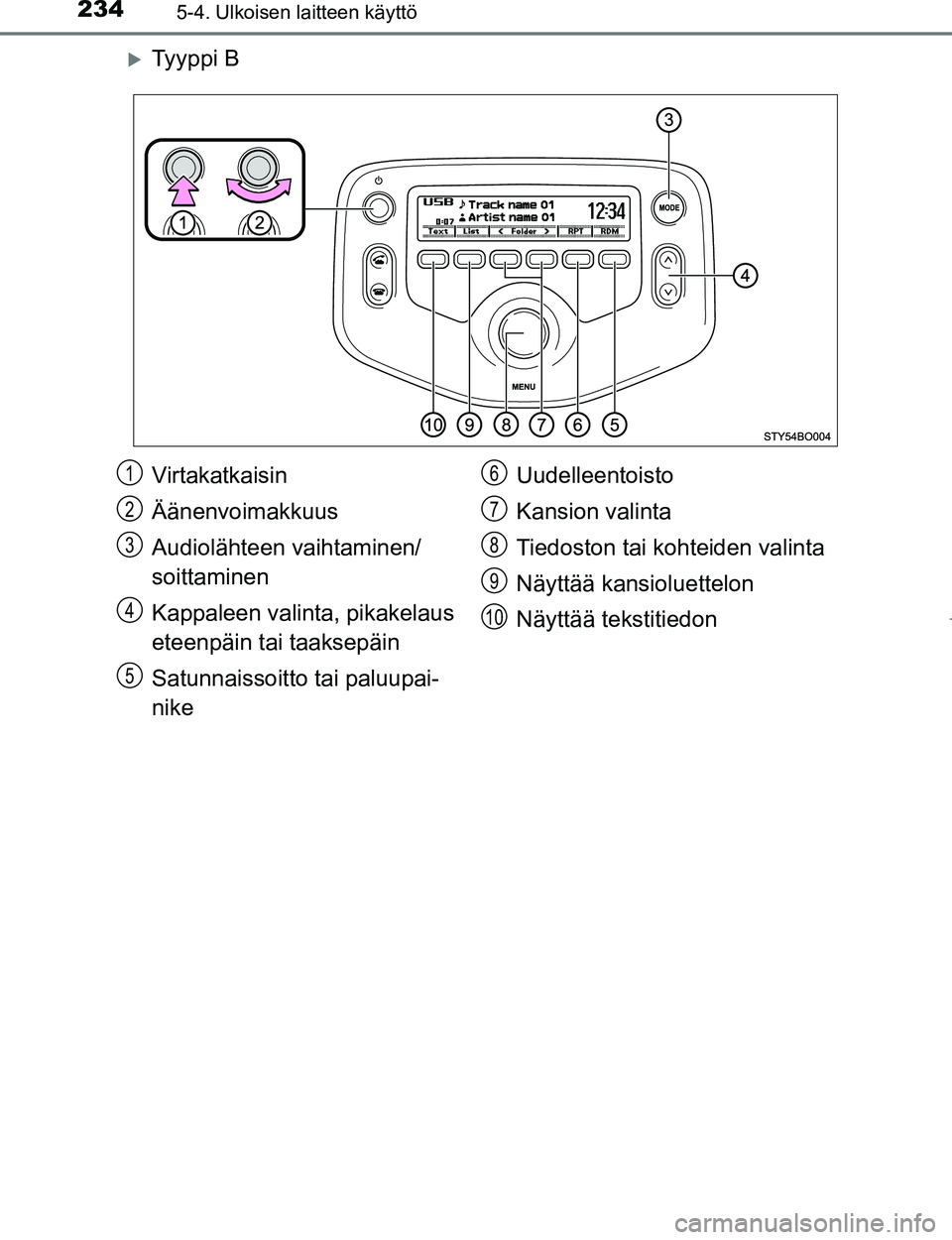 TOYOTA AYGO 2017 Omistajan Käsikirja (in Finnish) 2345-4. Ulkoisen laitteen käyttö
OM99Q24FI
Ty y p p i B
Virtakatkaisin
Äänenvoimakkuus
Audiolähteen vaihtaminen/
soittaminen
Kappaleen valinta, pikakelaus
eteenpäin tai taaksepäin
Satunnai TOYOTA AYGO 2017 Omistajan Käsikirja (in Finnish) 2345-4. Ulkoisen laitteen käyttö
OM99Q24FI
Ty y p p i B
Virtakatkaisin
Äänenvoimakkuus
Audiolähteen vaihtaminen/
soittaminen
Kappaleen valinta, pikakelaus
eteenpäin tai taaksepäin
Satunnai