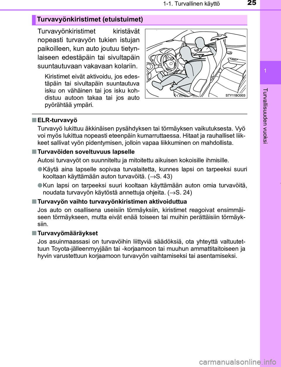 TOYOTA AYGO 2017 Omistajan Käsikirja (in Finnish) 251-1. Turvallinen käyttö
1
Turvallisuuden vuoksi
OM99Q24FI
Turvavyönkiristimet kiristävät
nopeasti turvavyön tukien istujan
paikoilleen, kun auto joutuu tietyn-
laiseen edestäpäin tai sivulta TOYOTA AYGO 2017 Omistajan Käsikirja (in Finnish) 251-1. Turvallinen käyttö
1
Turvallisuuden vuoksi
OM99Q24FI
Turvavyönkiristimet kiristävät
nopeasti turvavyön tukien istujan
paikoilleen, kun auto joutuu tietyn-
laiseen edestäpäin tai sivulta