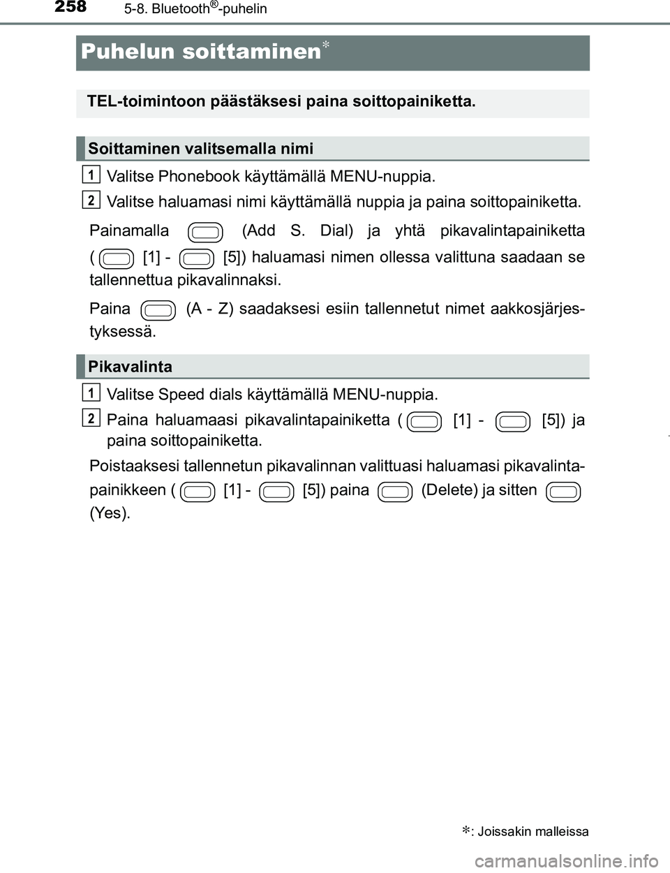 TOYOTA AYGO 2017 Omistajan Käsikirja (in Finnish) 2585-8. Bluetooth®-puhelin
OM99Q24FI
Puhelun soittaminen∗
Valitse Phonebook käyttämällä MENU-nuppia.
Valitse haluamasi nimi käyttämällä nuppia ja paina soittopainiketta.
Painamalla (Add S TOYOTA AYGO 2017 Omistajan Käsikirja (in Finnish) 2585-8. Bluetooth®-puhelin
OM99Q24FI
Puhelun soittaminen∗
Valitse Phonebook käyttämällä MENU-nuppia.
Valitse haluamasi nimi käyttämällä nuppia ja paina soittopainiketta.
Painamalla (Add S