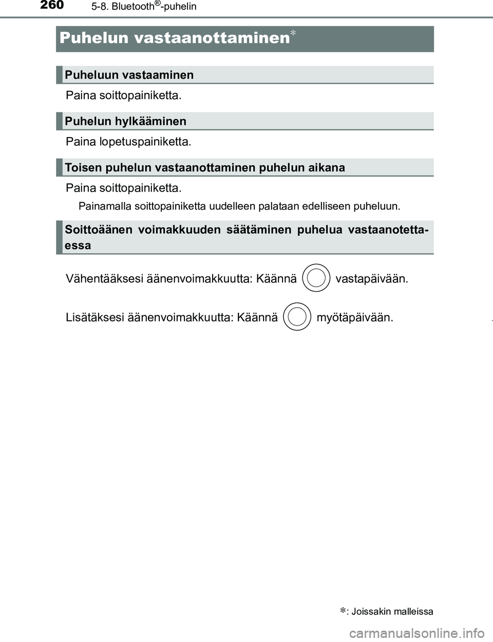 TOYOTA AYGO 2017 Omistajan Käsikirja (in Finnish) 2605-8. Bluetooth®-puhelin
OM99Q24FI
Puhelun vastaanottaminen∗
Paina soittopainiketta.
Paina lopetuspainiketta.
Paina soitto painiketta.
Painamalla soittopainiketta uudelleen palataan edelliseen pu TOYOTA AYGO 2017 Omistajan Käsikirja (in Finnish) 2605-8. Bluetooth®-puhelin
OM99Q24FI
Puhelun vastaanottaminen∗
Paina soittopainiketta.
Paina lopetuspainiketta.
Paina soitto painiketta.
Painamalla soittopainiketta uudelleen palataan edelliseen pu
