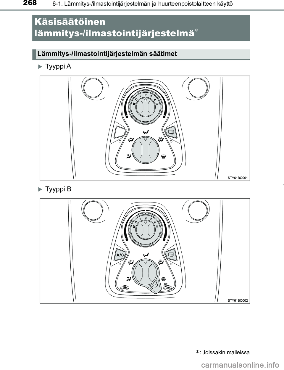 TOYOTA AYGO 2017 Omistajan Käsikirja (in Finnish) 2686-1. Lämmitys-/ilmastointijärjestelmän ja huurteenpoistolaitteen käyttö
OM99Q24FI
Käsisäätöinen
lämmitys-/ilmastointijärjestelmä
∗
Ty y p p i A
Ty y p p i B
∗: Joissakin mal TOYOTA AYGO 2017 Omistajan Käsikirja (in Finnish) 2686-1. Lämmitys-/ilmastointijärjestelmän ja huurteenpoistolaitteen käyttö
OM99Q24FI
Käsisäätöinen
lämmitys-/ilmastointijärjestelmä
∗
Ty y p p i A
Ty y p p i B
∗: Joissakin mal