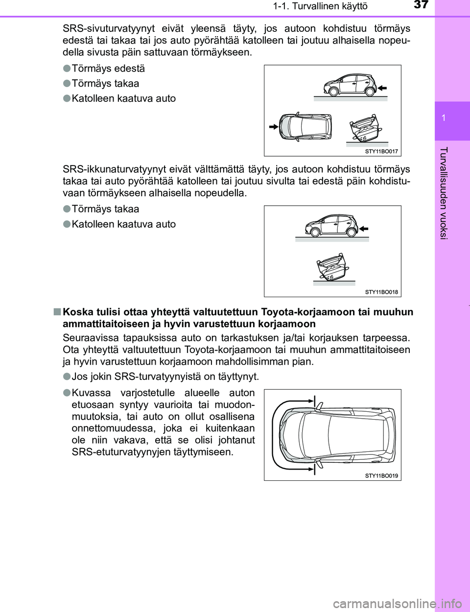 TOYOTA AYGO 2017 Omistajan Käsikirja (in Finnish) 371-1. Turvallinen käyttö
1
Turvallisuuden vuoksi
OM99Q24FISRS-sivuturvatyynyt eivät yleensä täyty, jos autoon kohdistuu törmäys
edestä tai takaa tai jos auto pyörähtää katolleen tai joutu TOYOTA AYGO 2017 Omistajan Käsikirja (in Finnish) 371-1. Turvallinen käyttö
1
Turvallisuuden vuoksi
OM99Q24FISRS-sivuturvatyynyt eivät yleensä täyty, jos autoon kohdistuu törmäys
edestä tai takaa tai jos auto pyörähtää katolleen tai joutu
