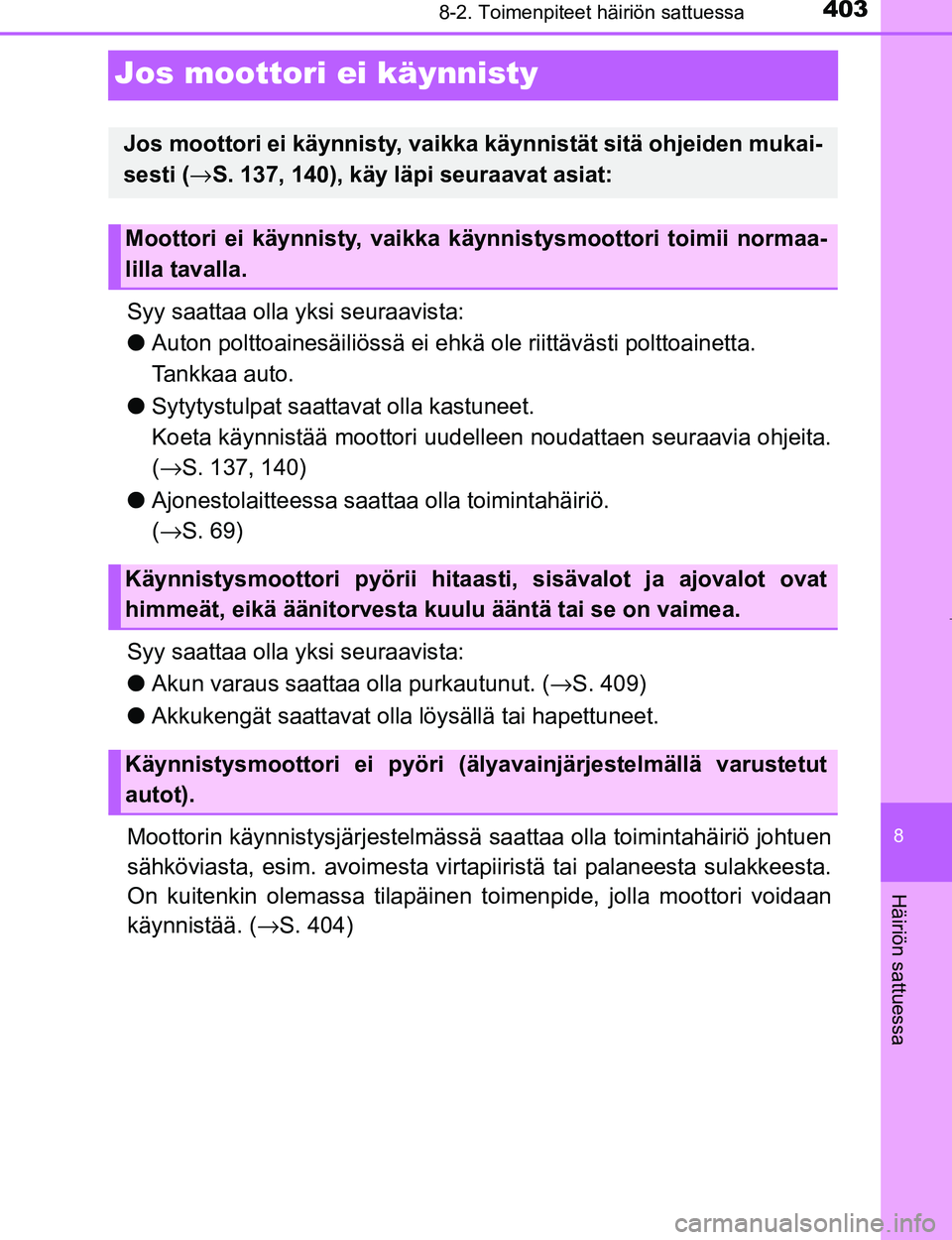 TOYOTA AYGO 2017  Omistajan Käsikirja (in Finnish) 4038-2. Toimenpiteet häiriön sattuessa
8
Häiriön sattuessa
OM99Q24FI
Jos moottori ei käynnisty
Syy saattaa olla yksi seuraavista:
lAuton polttoainesäiliössä ei ehkä  ole riittävästi polttoa