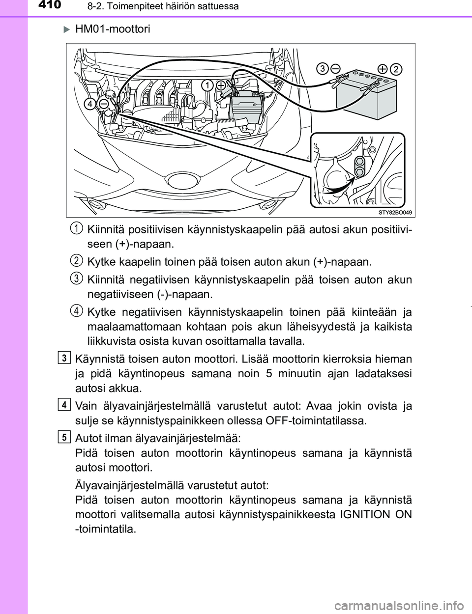 TOYOTA AYGO 2017  Omistajan Käsikirja (in Finnish) 4108-2. Toimenpiteet häiriön sattuessa
OM99Q24FI
HM01-moottoriKiinnitä positiivisen kä ynnistyskaapelin pää autosi akun positiivi-
seen (+)-napaan.
Kytke kaapelin toinen pää toisen auton ak