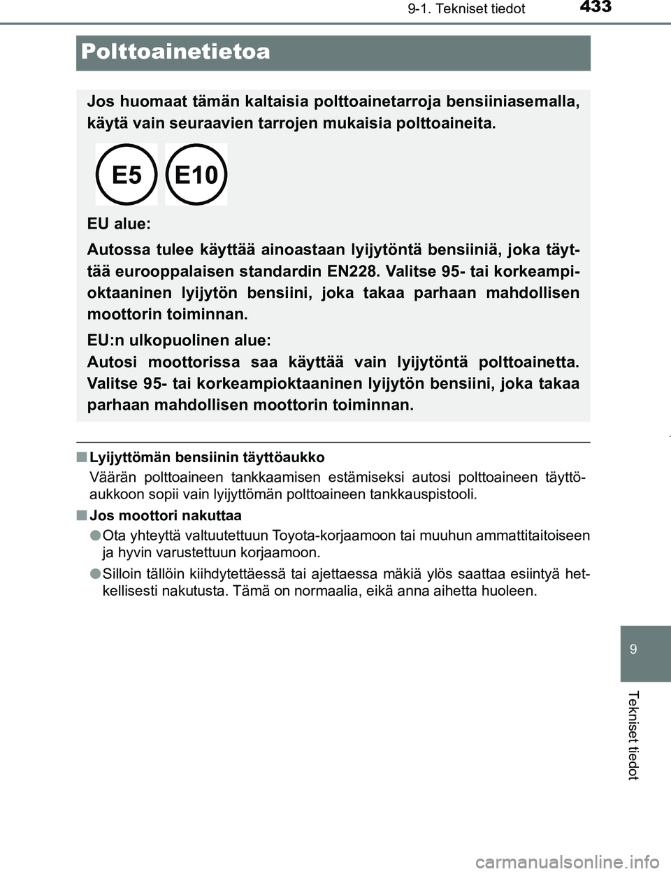 TOYOTA AYGO 2017  Omistajan Käsikirja (in Finnish) 4339-1. Tekniset tiedot
9
Tekniset tiedot
OM99Q24FI
Polttoainetietoa
nLyijyttömän bensiinin täyttöaukko
Väärän polttoaineen tankkaamisen estämiseksi autosi polttoaineen täyttö-
aukkoon sopii