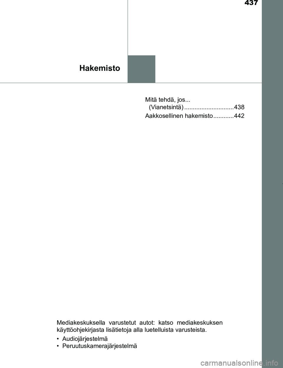 TOYOTA AYGO 2017  Omistajan Käsikirja (in Finnish) 437
Hakemisto
OM99Q24FIMitä tehdä, jos...
(Vianetsintä) ............................. 438
Aakkosellinen hakemisto ............ 442
Mediakeskuksella varustetut autot: katso mediakeskuksen
käyttöoh