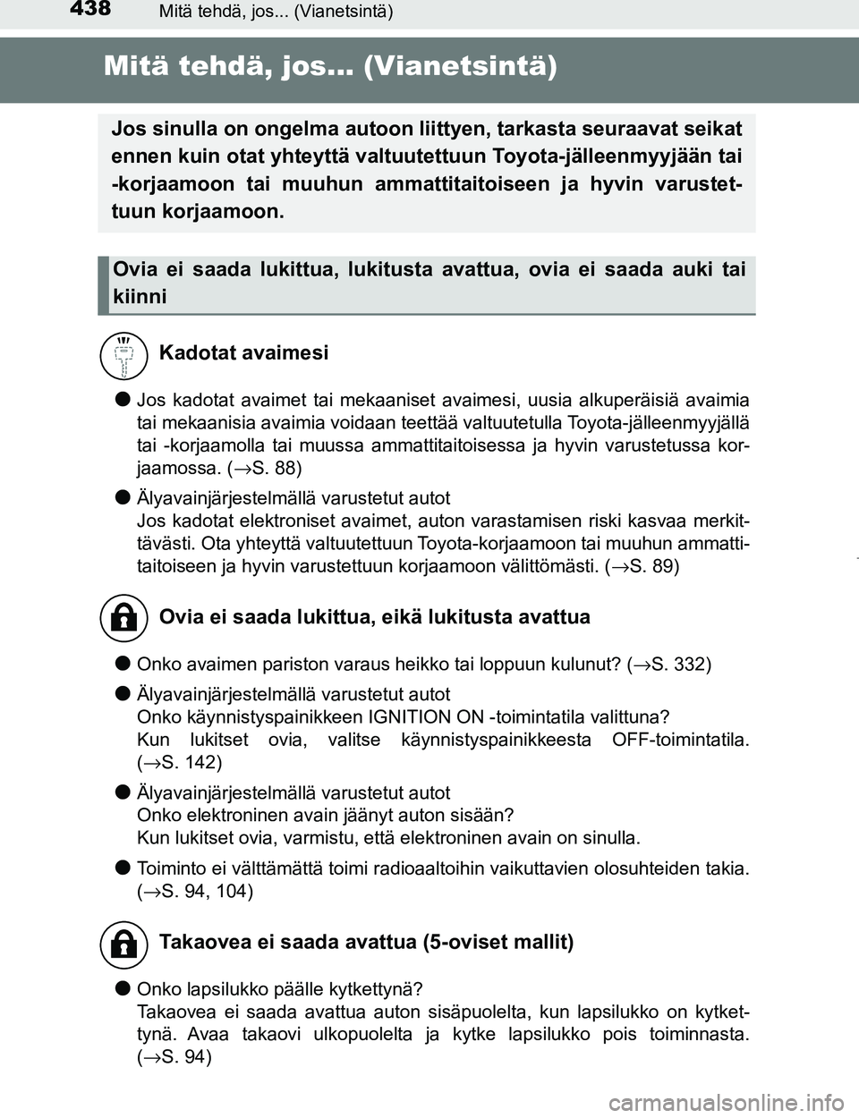 TOYOTA AYGO 2017  Omistajan Käsikirja (in Finnish) 438Mitä tehdä, jos... (Vianetsintä)
OM99Q24FI
Mitä tehdä, jos... (Vianetsintä)
lJos kadotat avaimet tai mekaaniset avaimesi, uusia alkuperäisiä avaimia
tai mekaanisia avaimia voidaan teettää