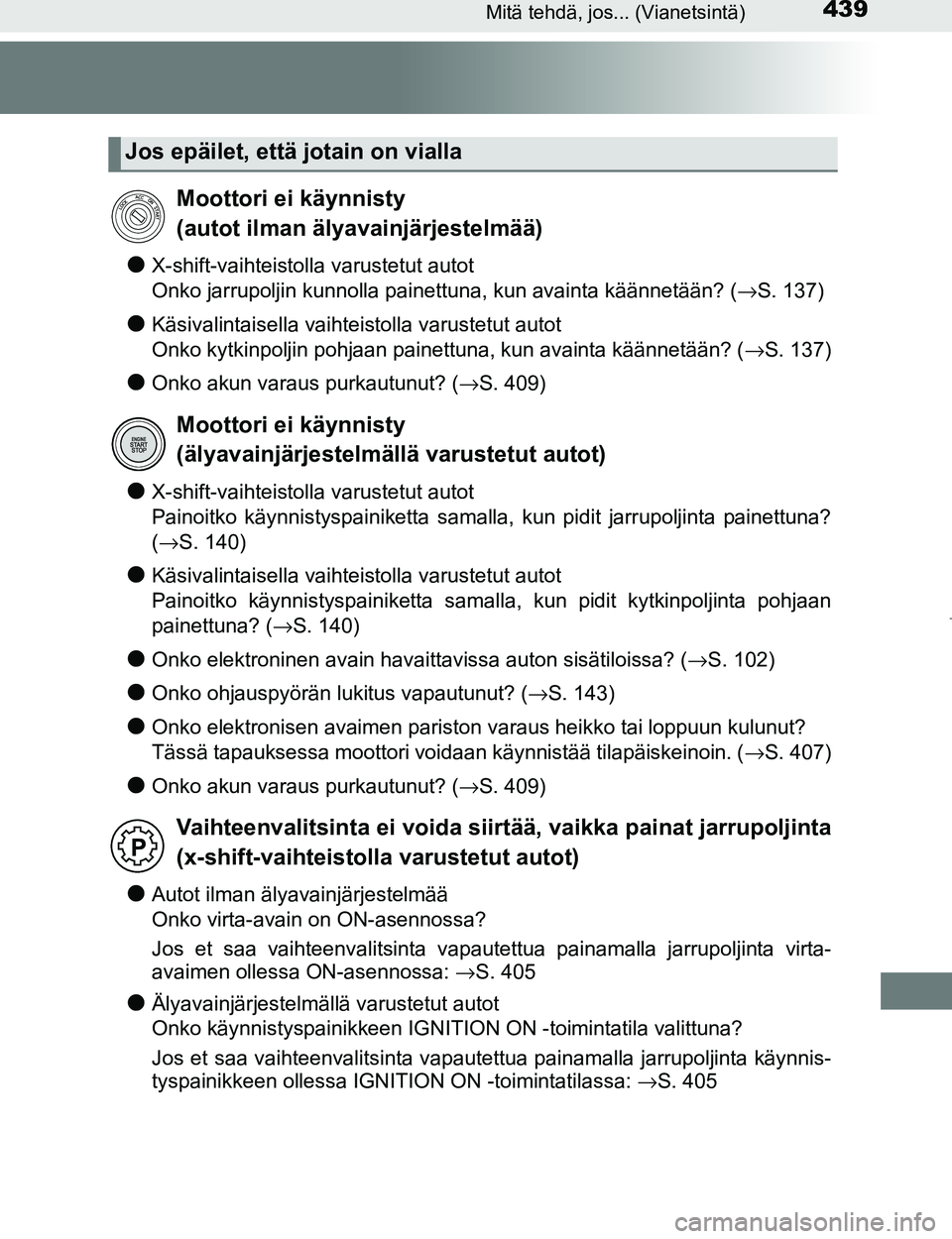 TOYOTA AYGO 2017  Omistajan Käsikirja (in Finnish) 439Mitä tehdä, jos... (Vianetsintä)
OM99Q24FI
lX-shift-vaihteistolla varustetut autot
Onko jarrupoljin kunnolla painettuna, kun avainta käännetään? (→S. 137)
lKäsivalintaisella vaihteistolla