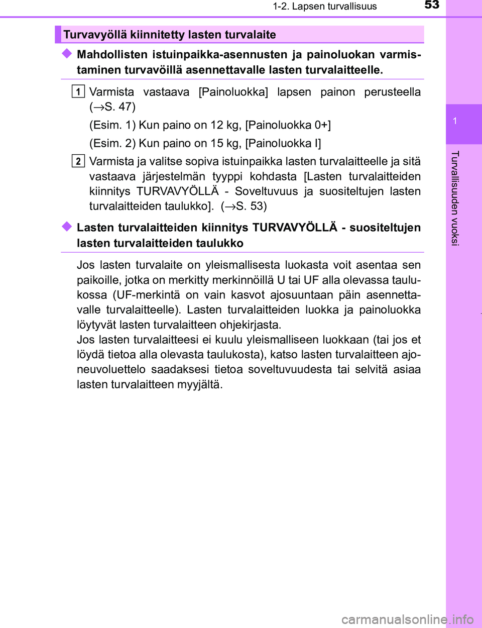TOYOTA AYGO 2017 Omistajan Käsikirja (in Finnish) 531-2. Lapsen turvallisuus
1
Turvallisuuden vuoksi
OM99Q24FI
uMahdollisten istuinpaikka-asennusten ja painoluokan varmis-
taminen turvavöillä asennettavalle lasten turvalaitteelle.
Varmista vastaava TOYOTA AYGO 2017 Omistajan Käsikirja (in Finnish) 531-2. Lapsen turvallisuus
1
Turvallisuuden vuoksi
OM99Q24FI
uMahdollisten istuinpaikka-asennusten ja painoluokan varmis-
taminen turvavöillä asennettavalle lasten turvalaitteelle.
Varmista vastaava