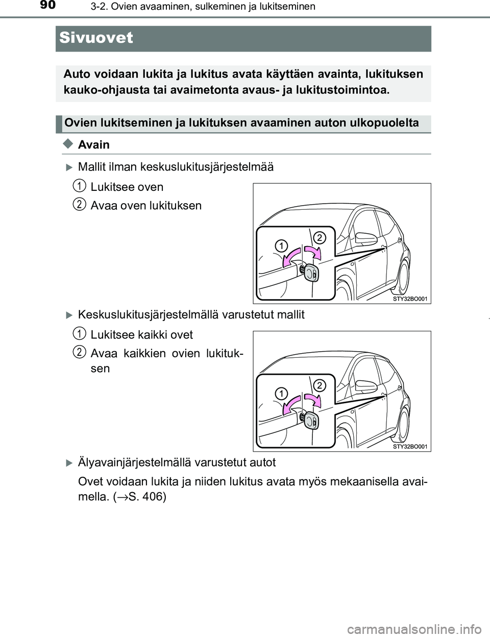 TOYOTA AYGO 2017 Omistajan Käsikirja (in Finnish) 903-2. Ovien avaaminen, sulkeminen ja lukitseminen
OM99Q24FI
Sivuovet
uAvain
Mallit ilman keskuslukitusjärjestelmää
Lukitsee oven
Avaa oven lukituksen
Keskuslukitusjärjestel mällä varustet TOYOTA AYGO 2017 Omistajan Käsikirja (in Finnish) 903-2. Ovien avaaminen, sulkeminen ja lukitseminen
OM99Q24FI
Sivuovet
uAvain
Mallit ilman keskuslukitusjärjestelmää
Lukitsee oven
Avaa oven lukituksen
Keskuslukitusjärjestel mällä varustet