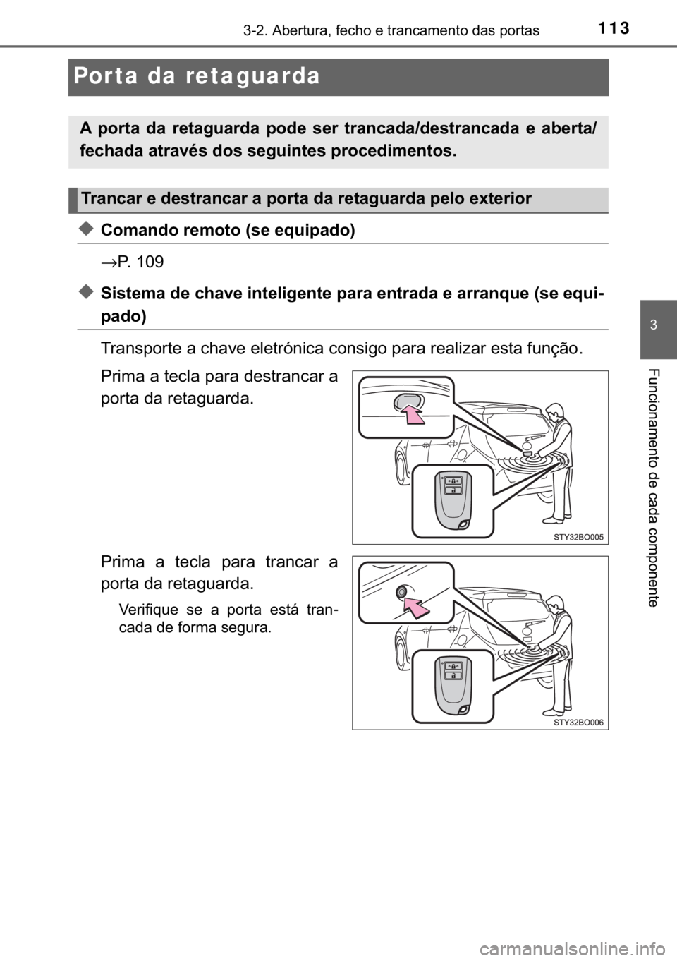 TOYOTA AYGO 2017  Manual de utilização (in Portuguese) 113
�
������$�E�H�U�W�X�U�D���I�H�F�K�R��H��W�U�D�Q�F�D�P�H�Q�W�R��G�D�V��S�R�U�W�D�V
�)�X�Q�F�L�R�Q�D�P�H�Q�W�R��G�H��F�D�G�D��F�R�P�S�R�Q�H�Q�W�H
Por ta da retaguarda
◆�&�R�P�D�Q�G�