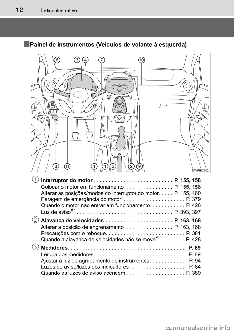 TOYOTA AYGO 2017  Manual de utilização (in Portuguese) 12�Ë�Q�G�L�F�H��L�O�X�V�W�U�D�W�L�Y�R
n
nn n�3�D�L�Q�H�O��G�H��L�Q�V�W�U�X�P�H�Q�W�R�V���9�H�t�F�X�O�R�V��G�H��Y�R�O�D�Q�W�H��j��H�V�T�X�H�U�G�D�
�,�Q�W�H�U�U�X�S�W�R�U��G�R��P�R�W�R�U��